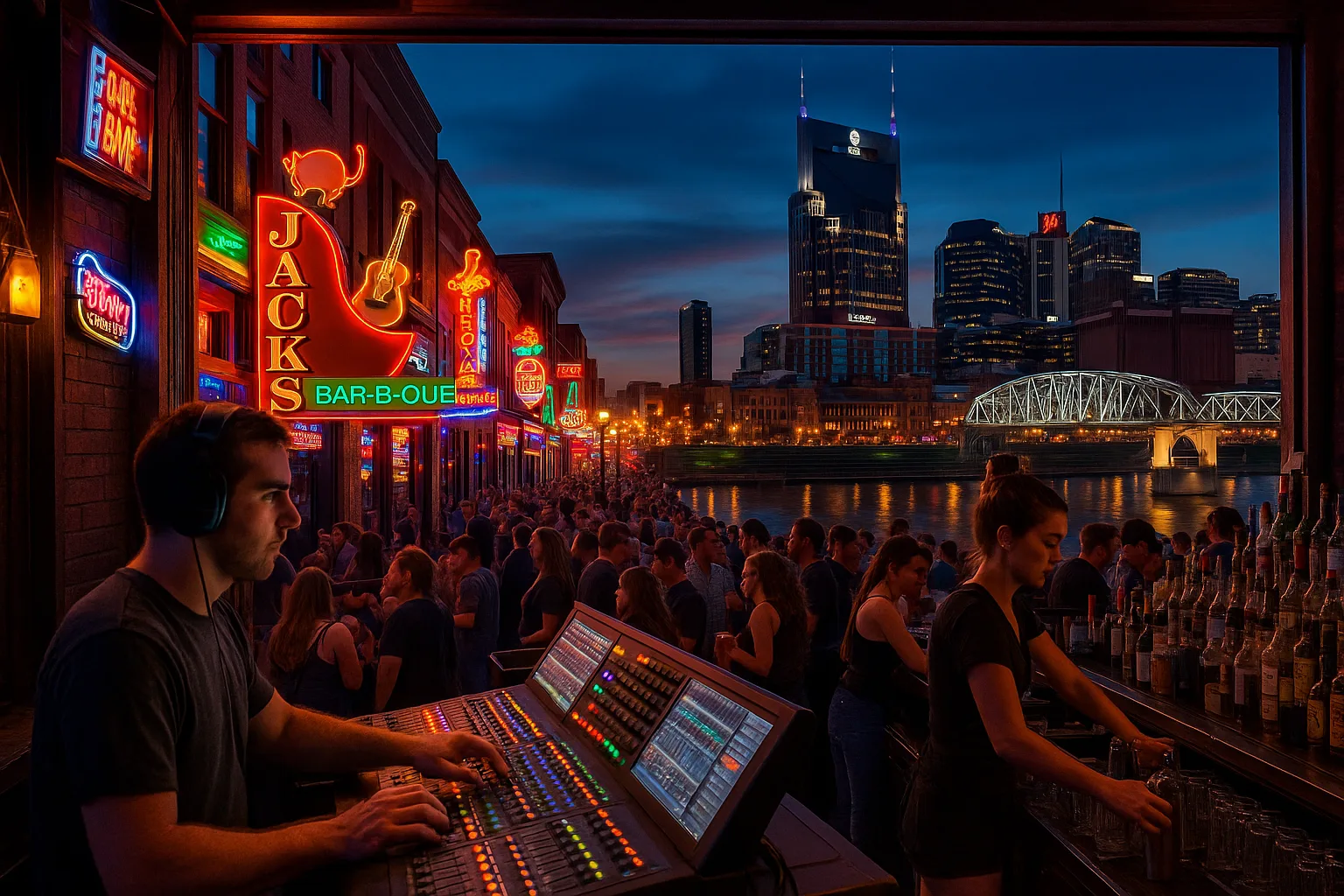 Nashville, Tennessee at dusk: honky-tonk neon along Lower Broadway, a sound engineer at a mixing desk and bar staff working a busy counter, the downtown skyline and Cumberland River bridge lit behind.