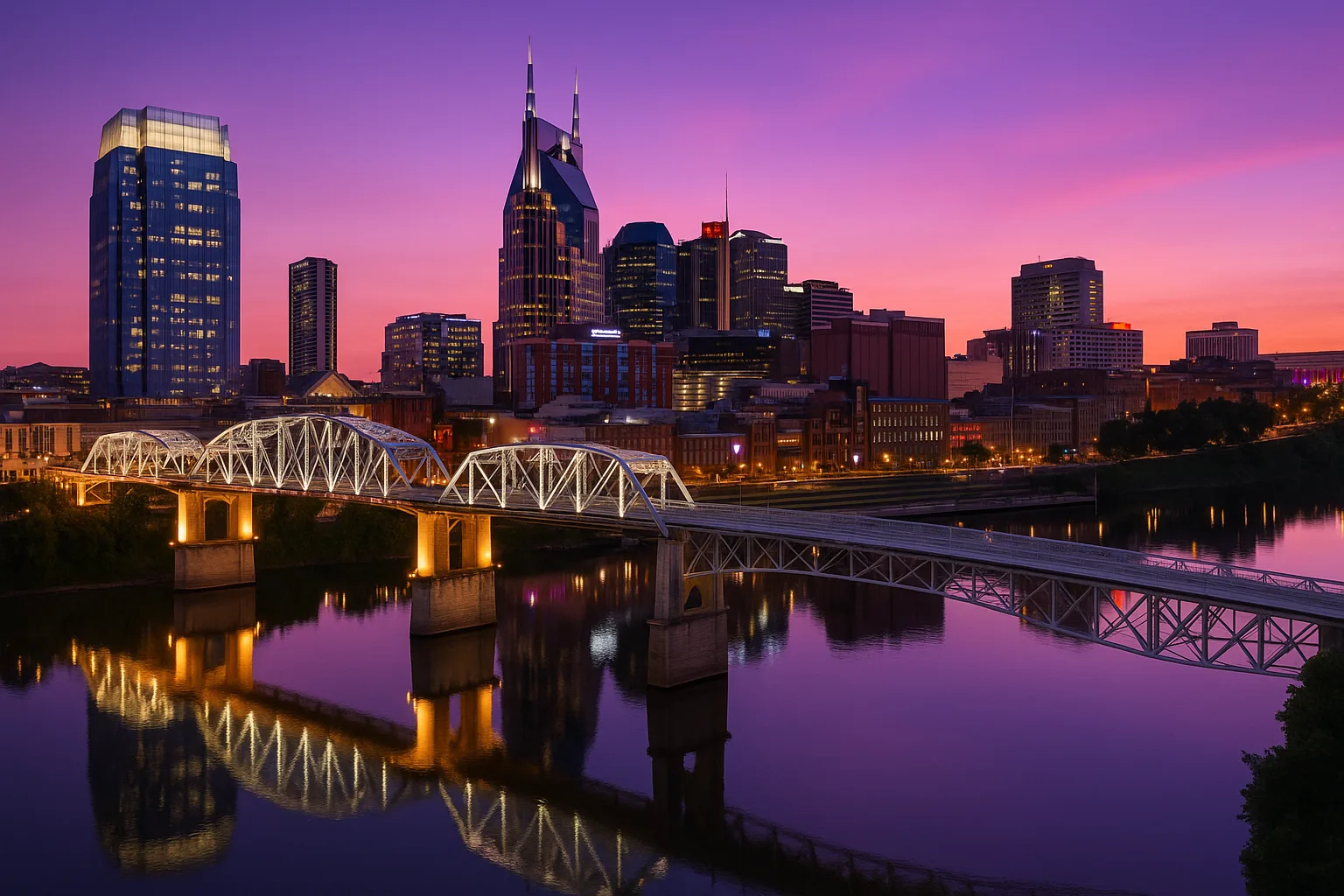 Nashville skyline at dusk reflected in the Cumberland River, glass towers lit against a violet sky, a pedestrian bridge in the foreground.