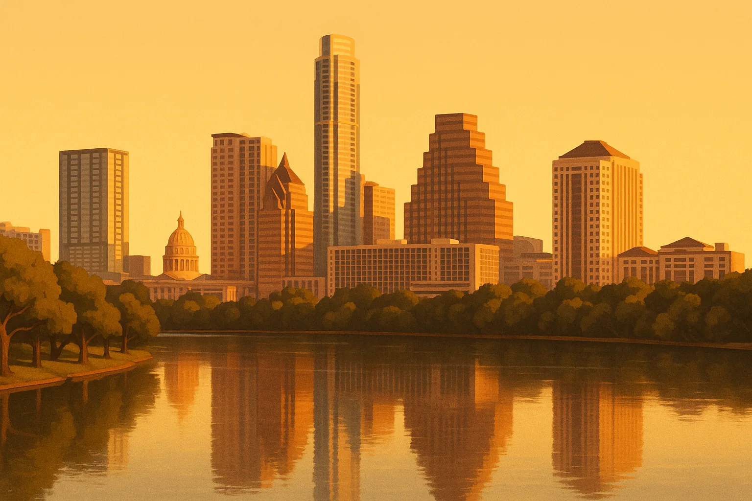 A warm, wide illustration of the Austin skyline at golden hour seen across Lady Bird Lake, the Texas State Capitol dome among modern towers, live oaks along the near bank under a clear amber sky.