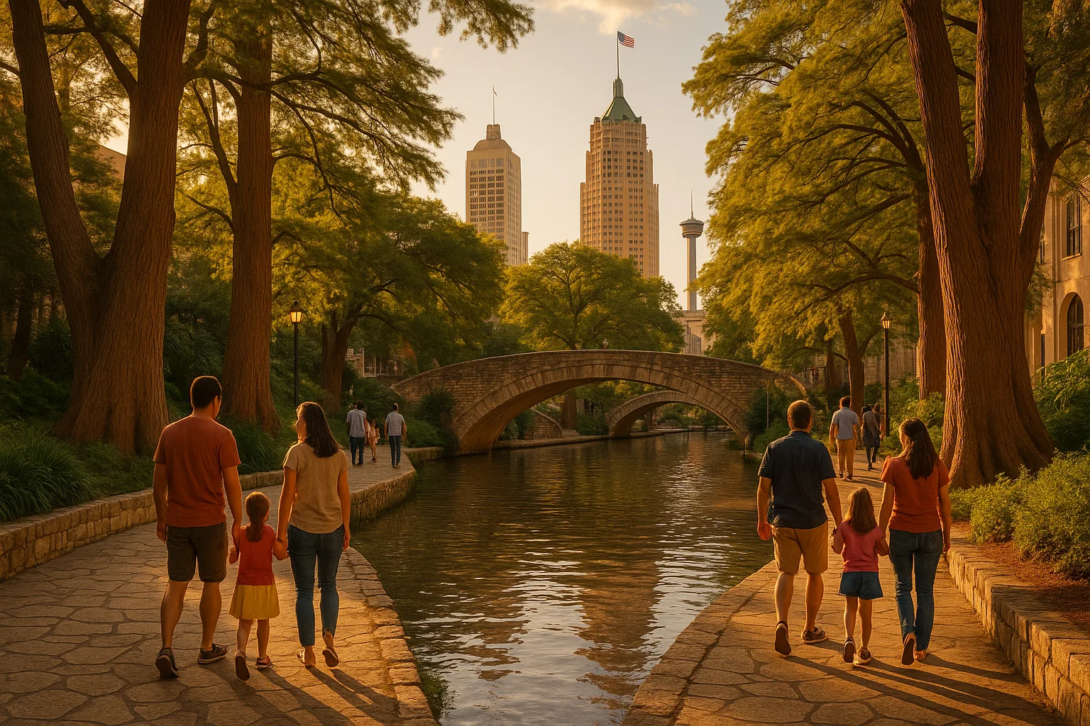 The San Antonio River Walk at golden hour, families strolling stone footpaths beneath cypress trees and low arched bridges, downtown towers rising behind.