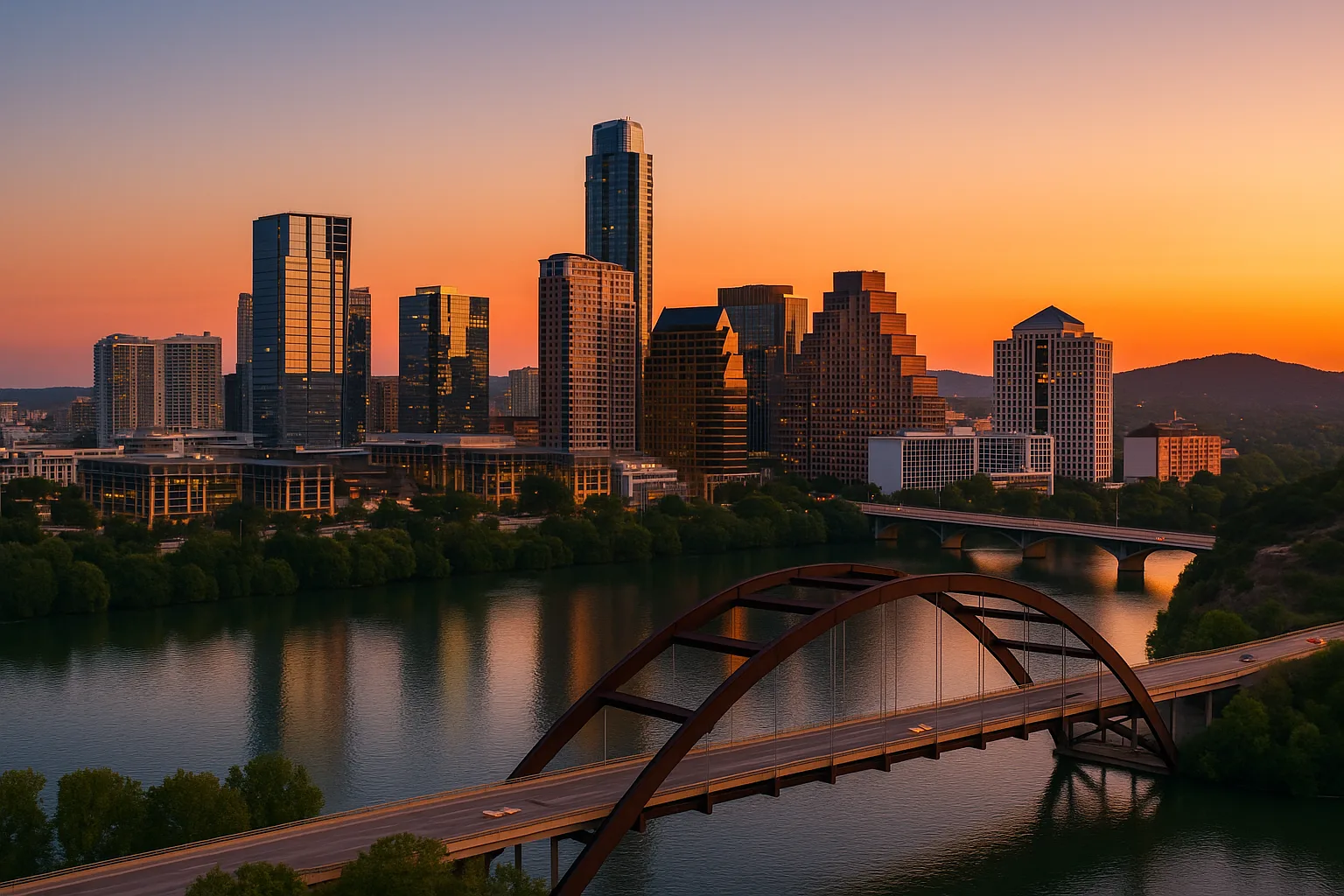 The Austin, Texas skyline at dusk: glass downtown office towers above Lady Bird Lake, with the Pennybacker Bridge and Hill Country ridgeline catching the last warm light.