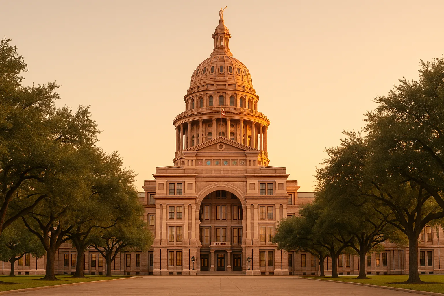 The Texas State Capitol in Austin at golden hour, pink granite dome rising above live oak trees, a wide empty plaza in the foreground beneath a warm clear sky.