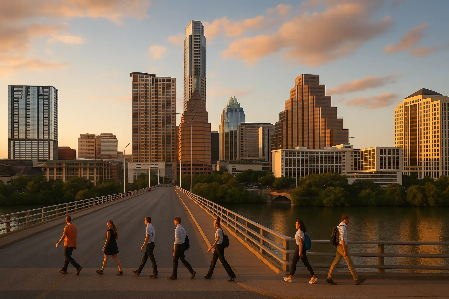 Austin, Texas downtown skyline at golden hour with office towers above South Congress, workers crossing the Colorado River bridge below.