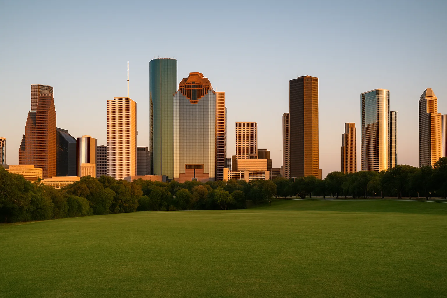 Downtown Houston skyline at golden hour seen across a green city park, glass towers catching warm light, a wide empty lawn in the foreground beneath a clear sky.