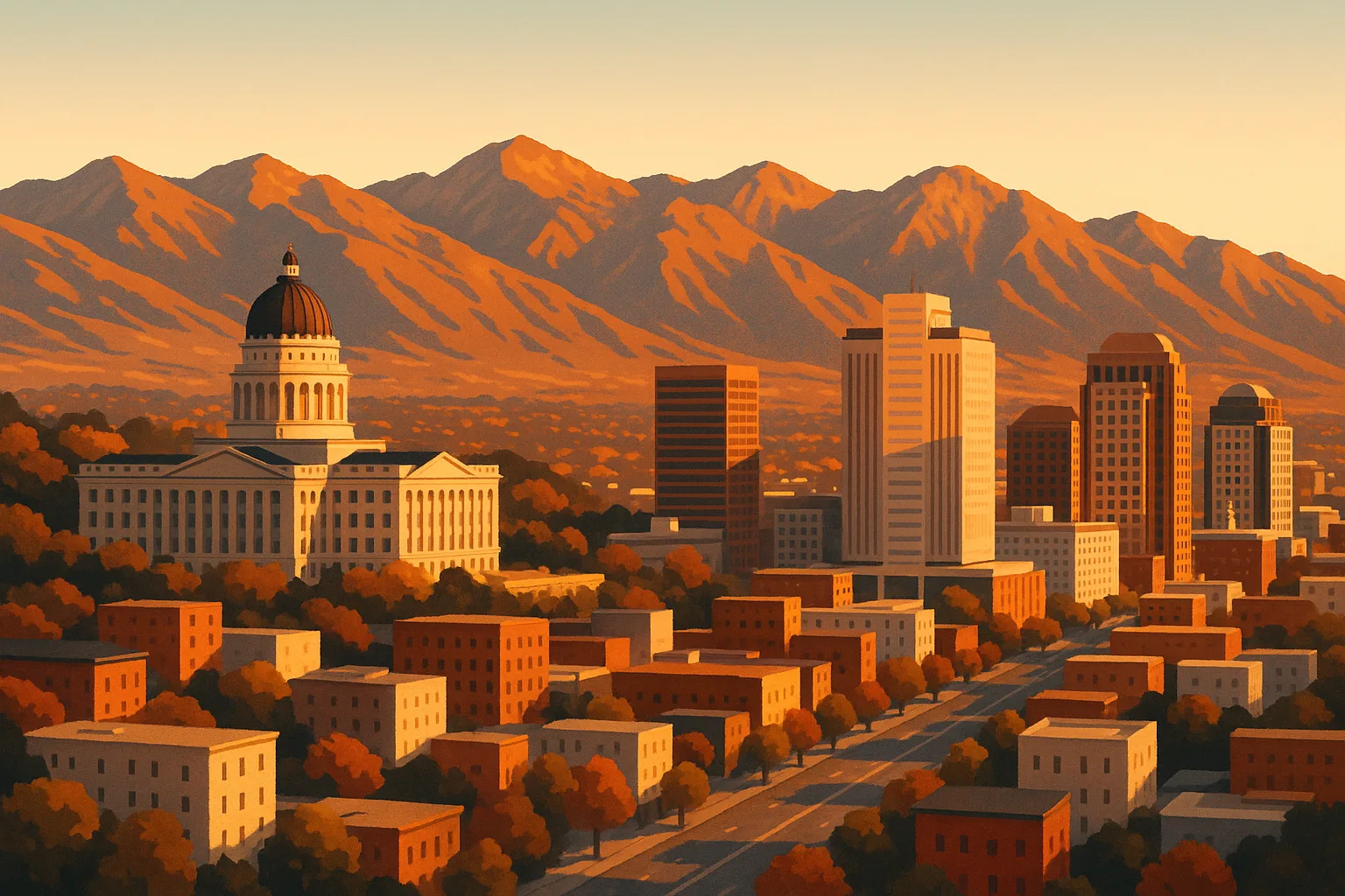 A warm, wide illustration of downtown Salt Lake City at golden hour, the Utah State Capitol dome on the hill above the grid of streets, the Wasatch Range catching amber light behind the towers under a clear sky.