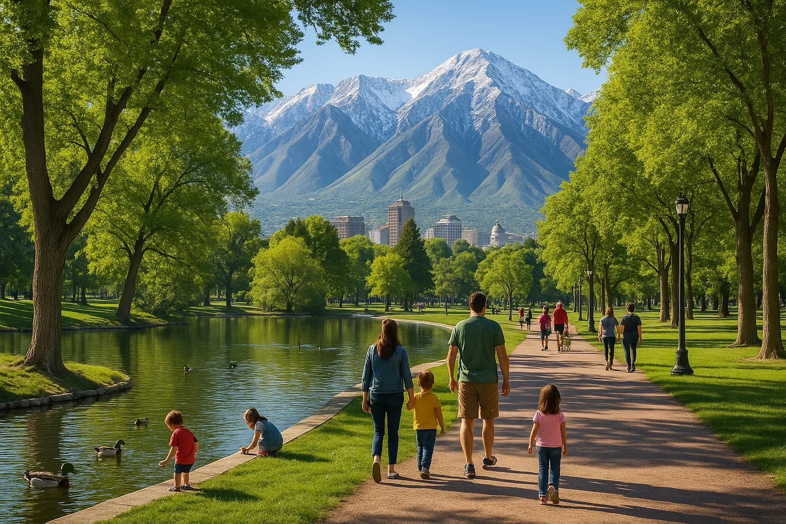 Liberty Park in Salt Lake City on a bright morning, families walking tree-lined paths and children near the pond, the snow-dusted Wasatch Range rising sharply behind the city.