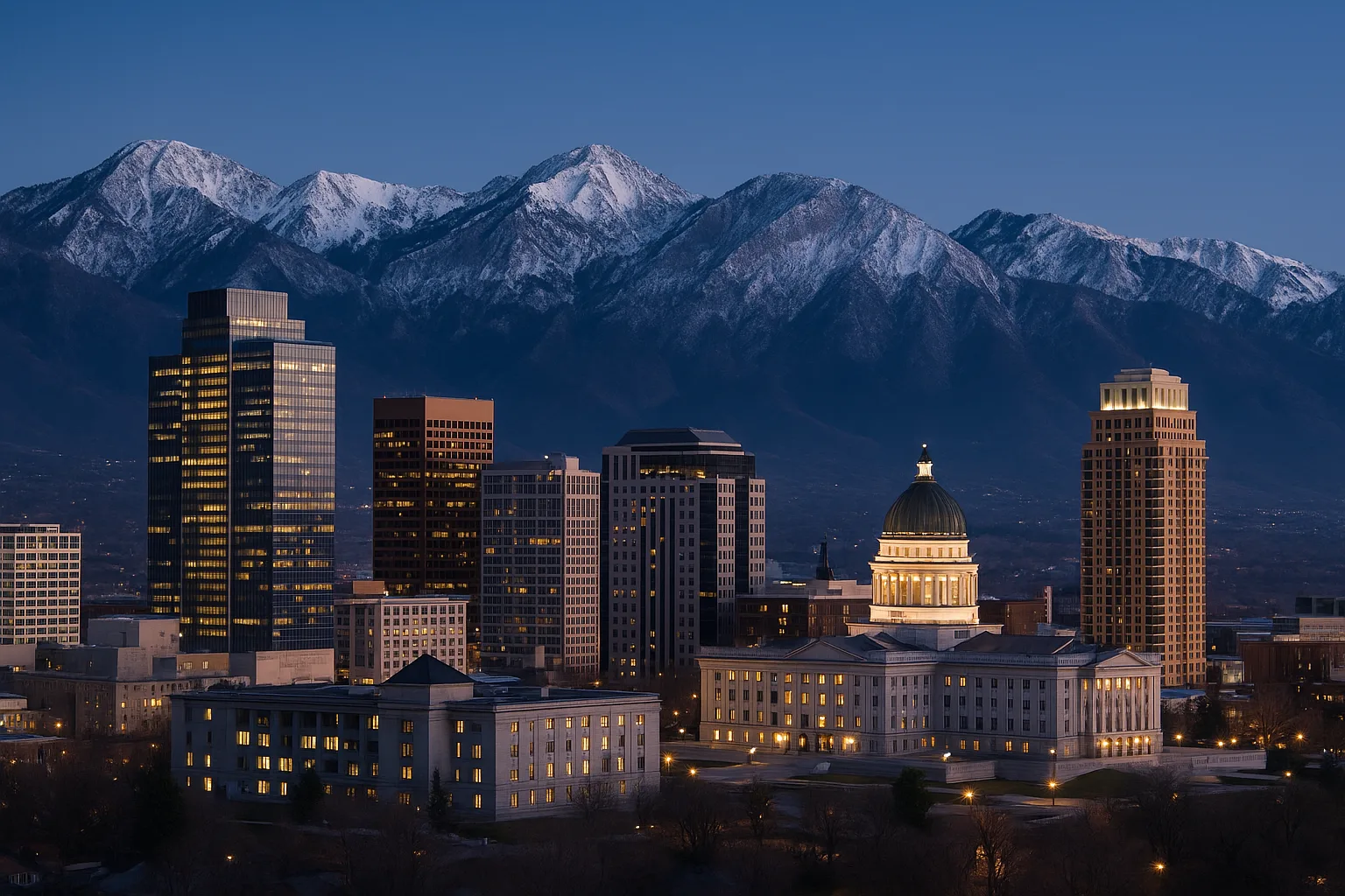 Downtown Salt Lake City, Utah at dusk: modern office towers and the State Capitol below the snow-capped Wasatch mountains under a clear evening sky.