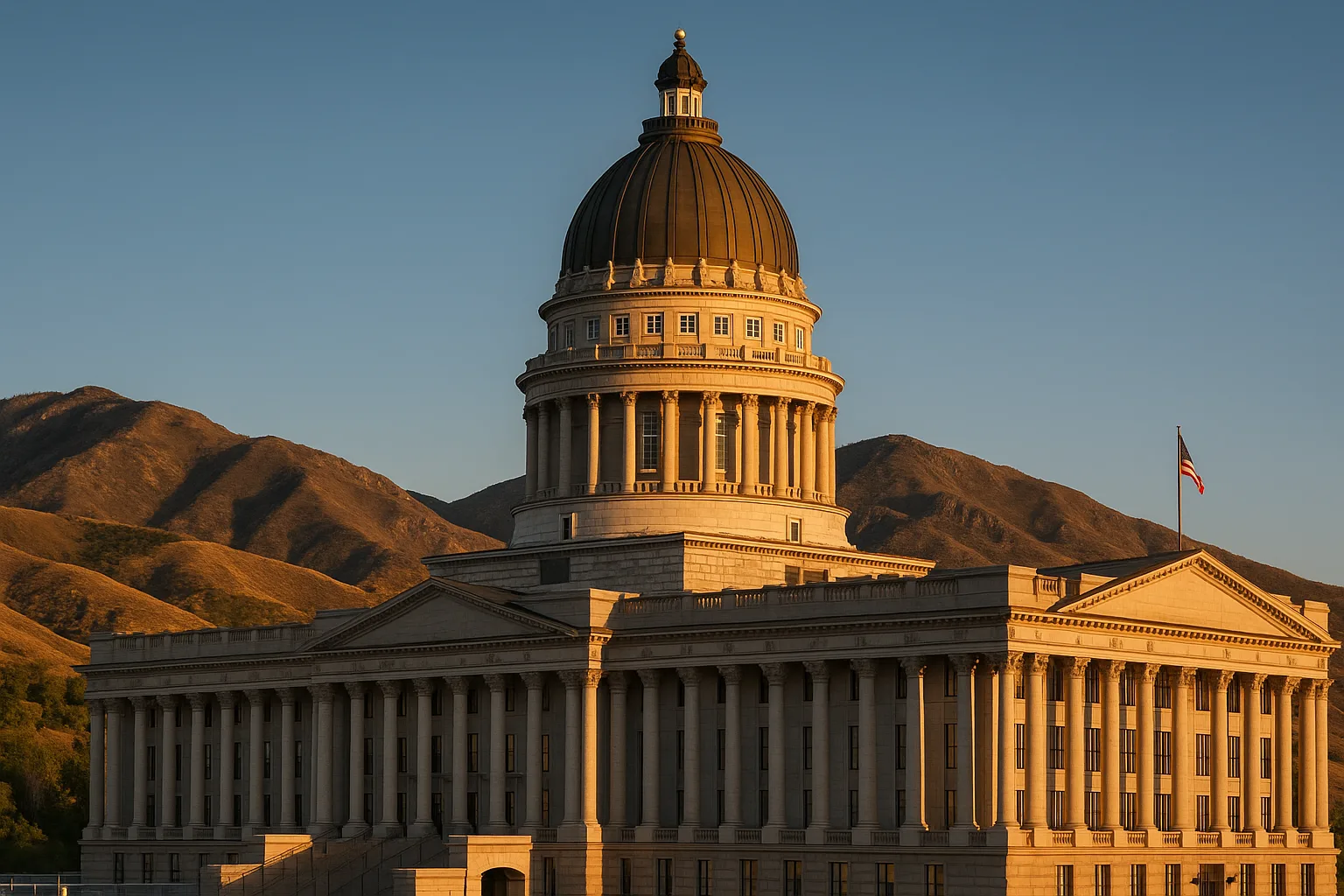 The Utah State Capitol in Salt Lake City at golden hour, its grey granite dome and Corinthian columns rising above the Wasatch foothills under a clear evening sky.