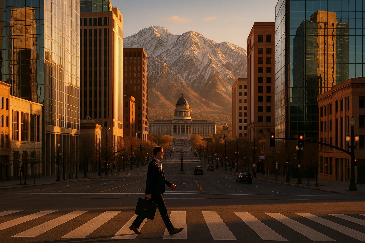 Salt Lake City, Utah at golden hour: a downtown office worker crossing Main Street with glass towers and the State Capitol behind, the snow-dusted Wasatch Range rising sharply over the city.