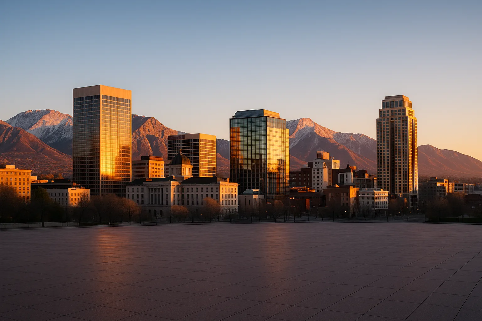 Salt Lake City, Utah, at sunrise with the Wasatch Range in the background, glass office towers catching early light and a wide empty plaza in the foreground beneath a clear sky.