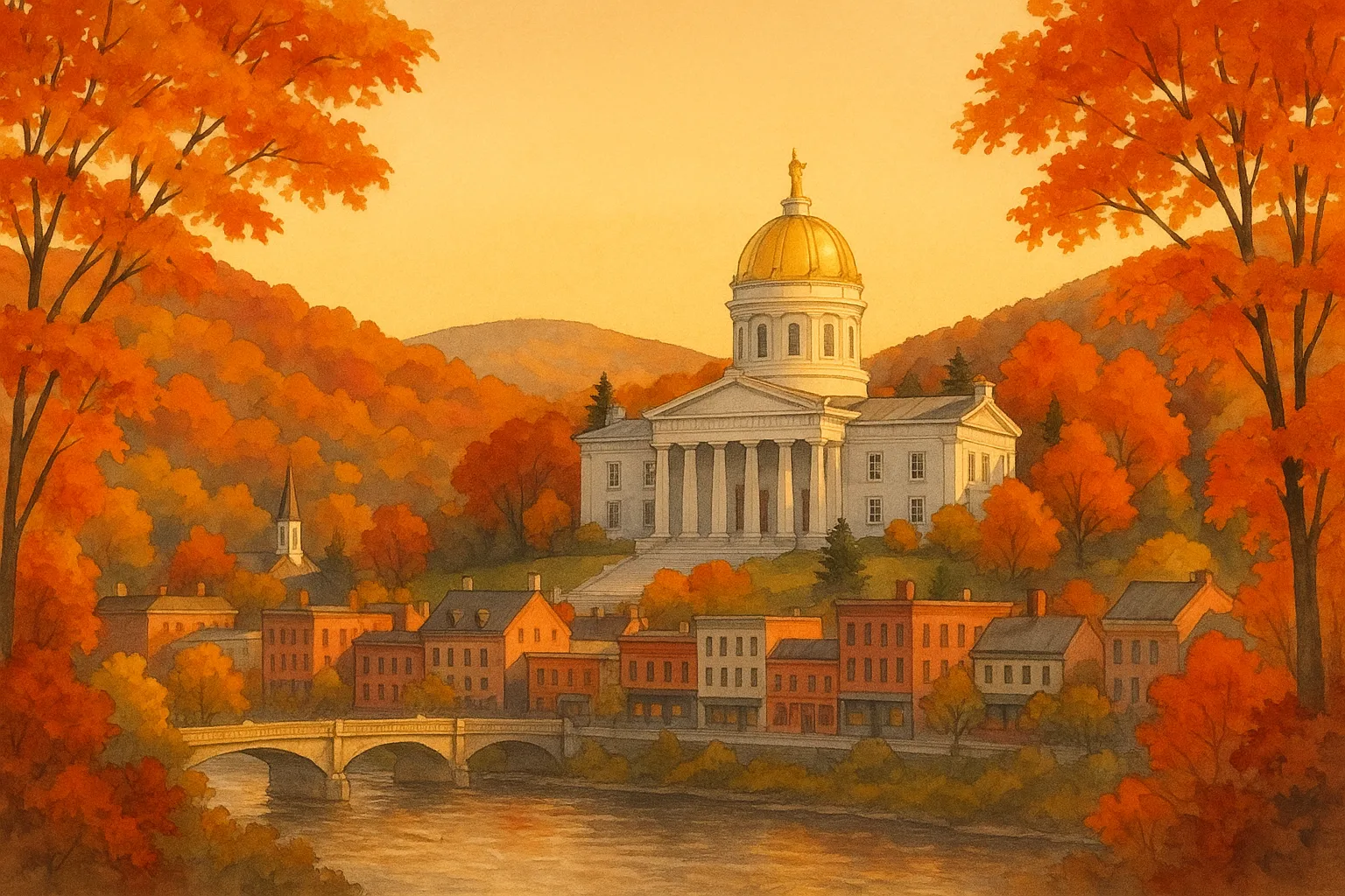 A warm, wide illustration of Montpelier at golden hour, the gold-domed Vermont State House framed by autumn maples on the near hills under a clear amber sky, the small downtown along the Winooski River below.