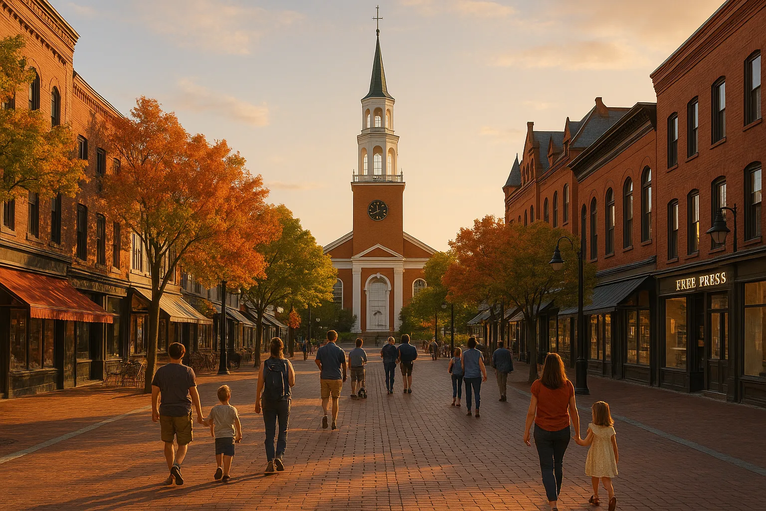 Church Street Marketplace in Burlington at golden hour, families walking the brick pedestrian street between brick storefronts and maples, the spire of a white church and the Green Mountains rising behind.