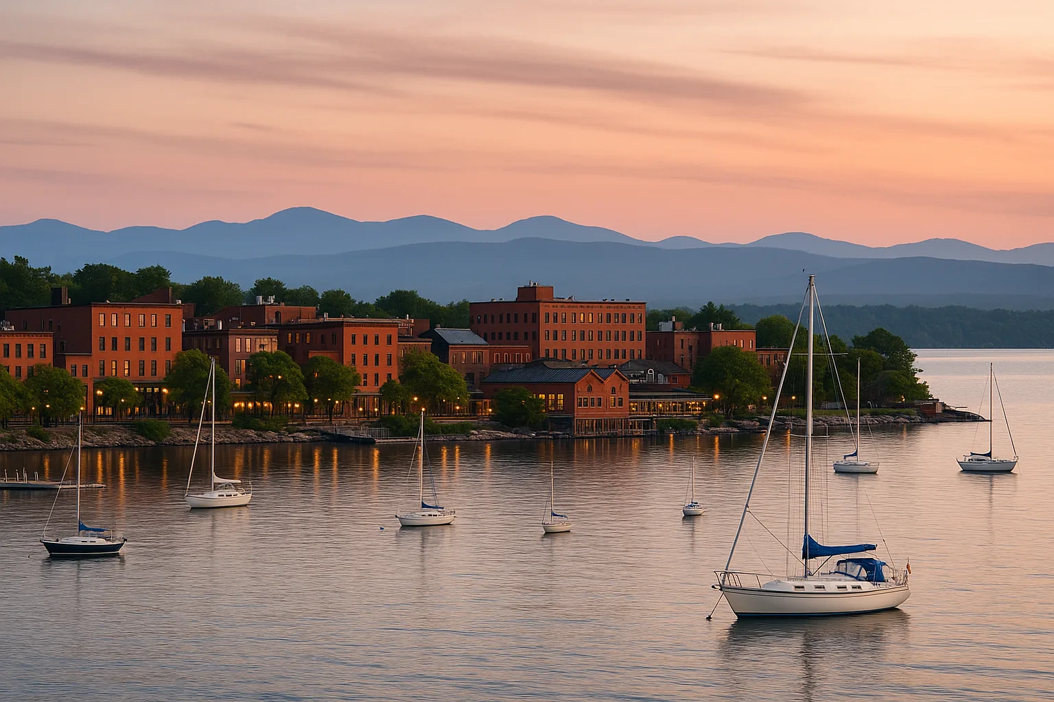 The Burlington, Vermont waterfront on Lake Champlain at dusk: low brick downtown buildings above the harbour, sailboats on the water, and the Adirondack Mountains across the lake under a soft evening sky.