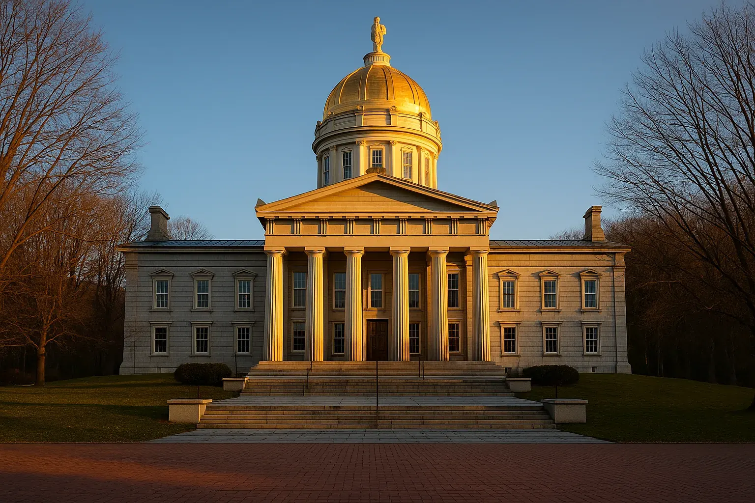 The Vermont State House in Montpelier at golden hour, its gold dome above granite steps and bare maples, a quiet brick plaza in the foreground beneath a clear northern sky.