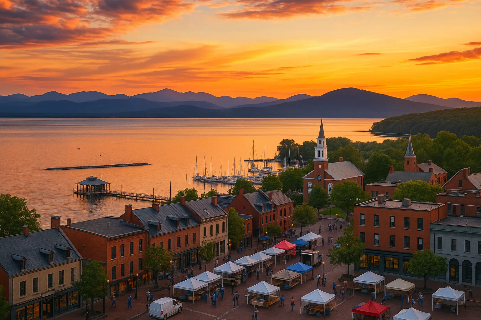 Burlington, Vermont waterfront on Lake Champlain at sunset, the Adirondacks across the water and Church Street market traders packing up below the Green Mountains.