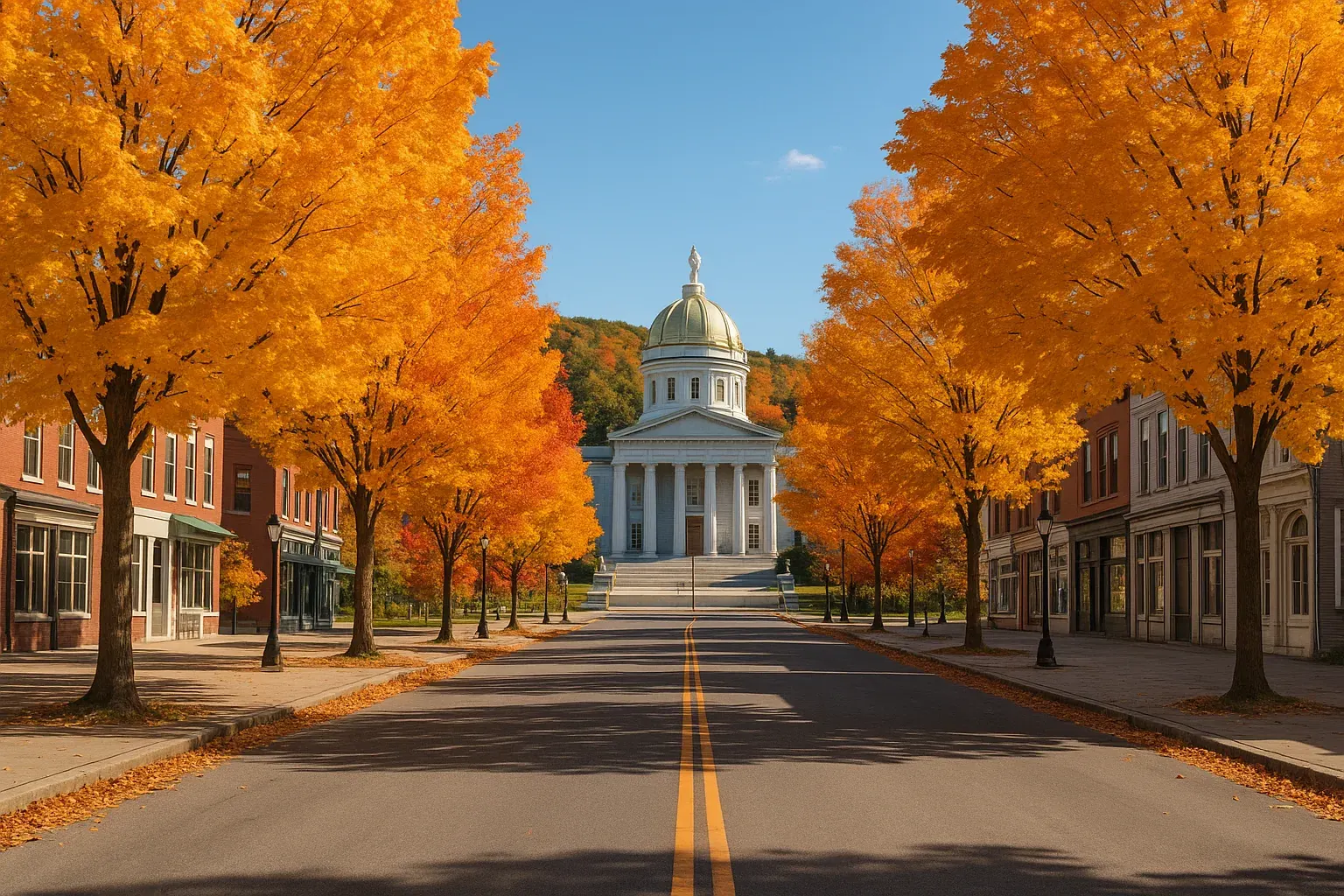 Montpelier, Vermont in autumn, golden maple trees lining the main street with the gilded State House dome visible in the background, a clear blue sky and a quiet pavement in the foreground.