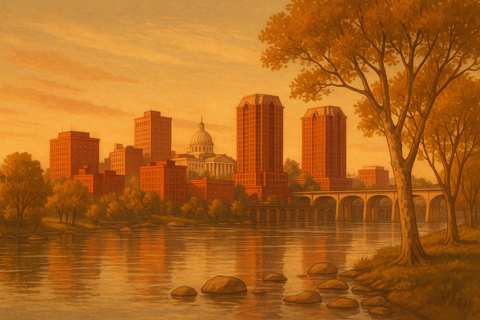 A warm, wide illustration of Richmond, Virginia at golden hour seen across the James River, the State Capitol's white dome among red-brick towers, sycamores along the near bank under a soft amber sky.