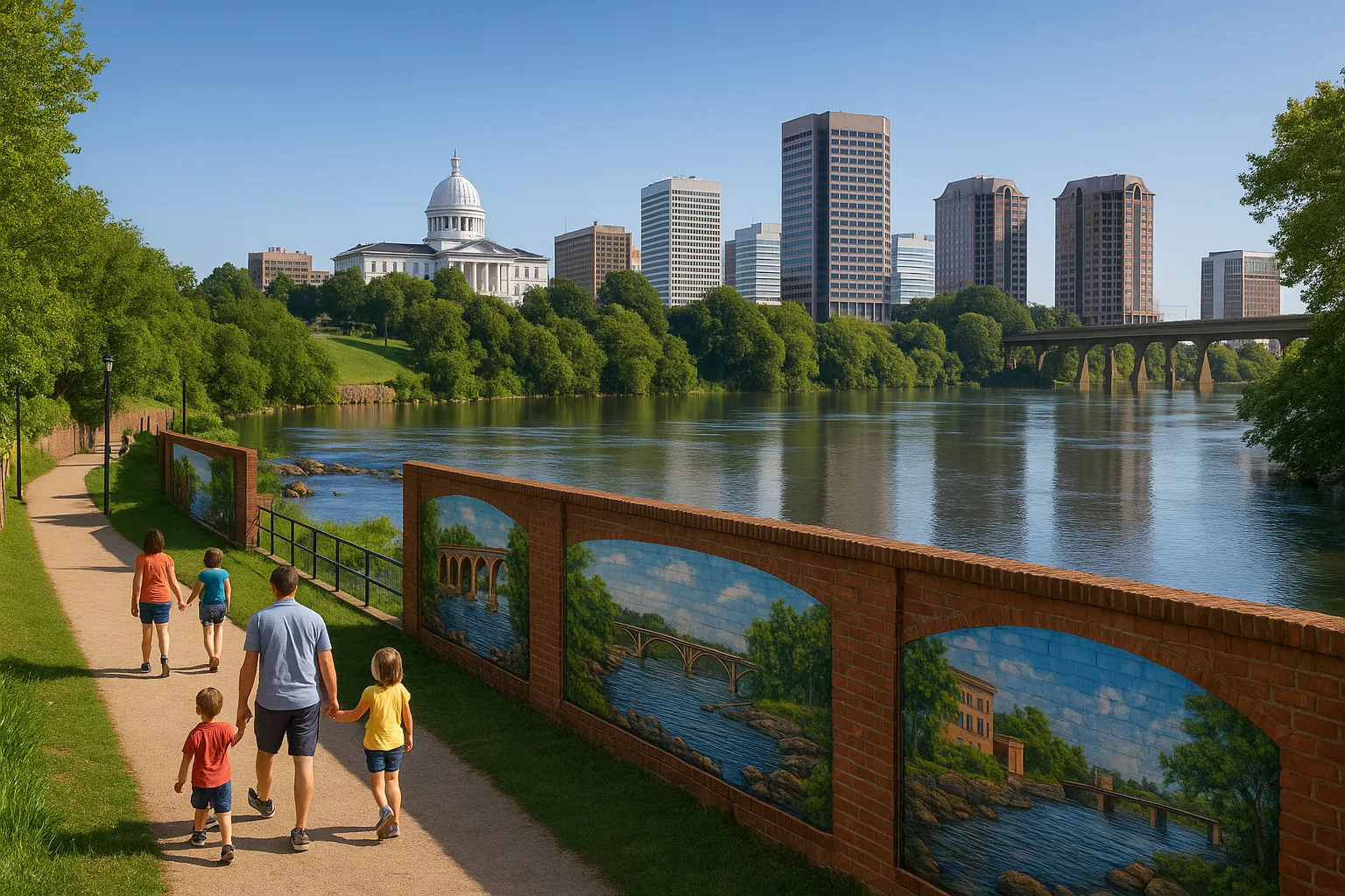 The James River at Richmond on a clear morning, families walking the canal towpath past brick floodwall murals, the Capitol dome and downtown towers rising beyond the water.