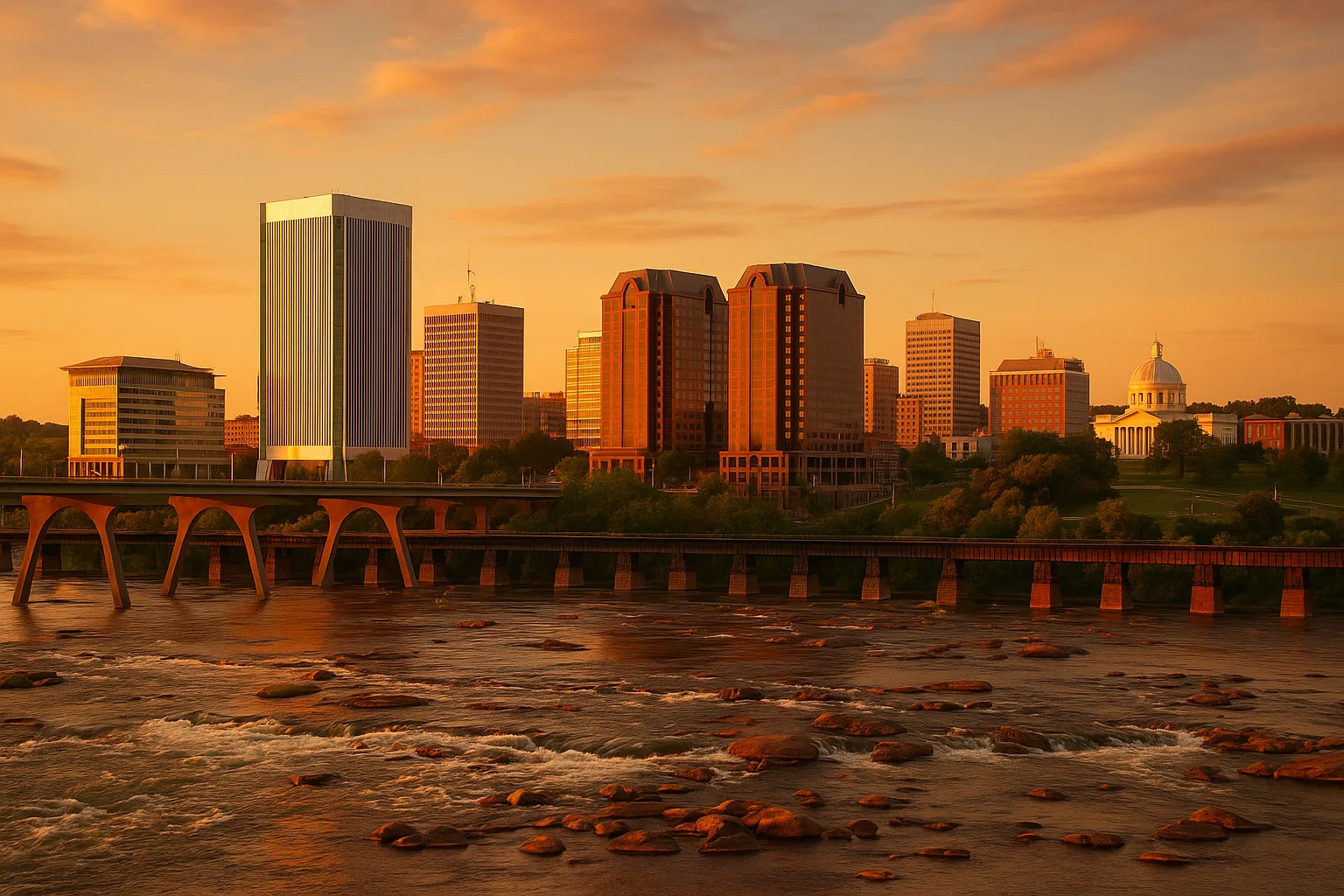The Richmond, Virginia skyline at golden hour: downtown office towers above the James River rapids, with the State Capitol dome catching the light under a warm sky.