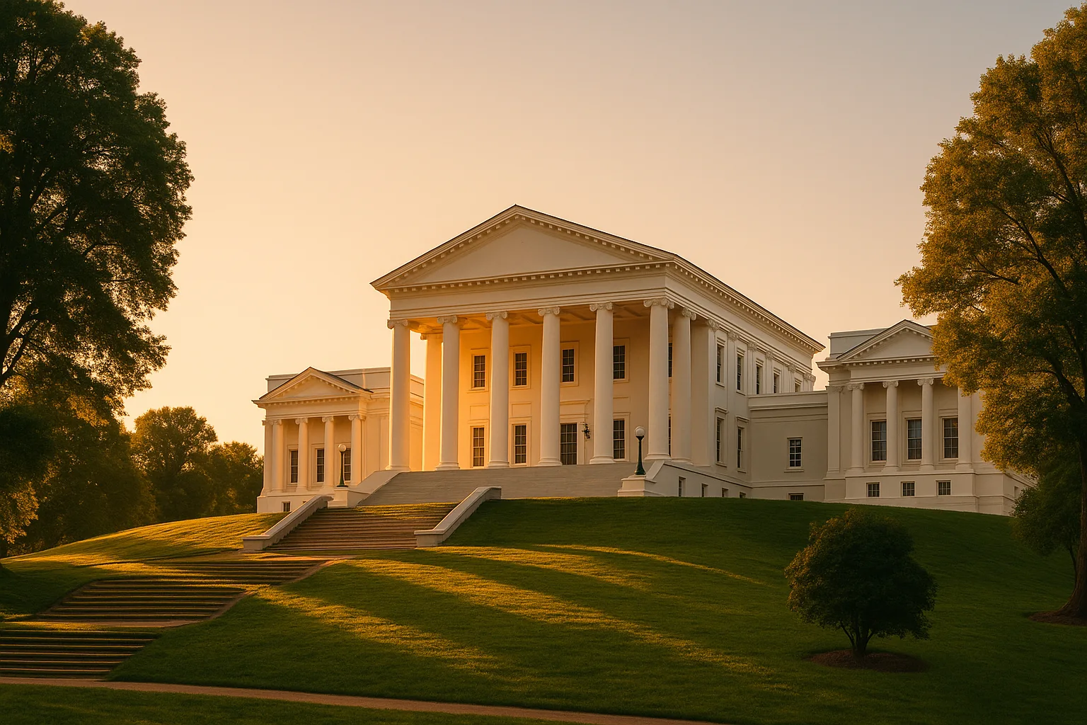 The Virginia State Capitol in Richmond at golden hour, the white neoclassical building designed by Thomas Jefferson set above terraced lawns and mature trees, warm clear sky.