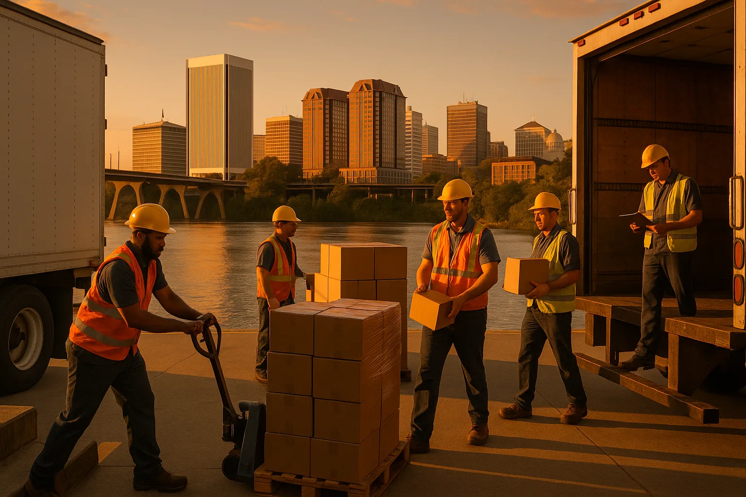 A Richmond, Virginia workplace scene at golden hour: warehouse and logistics crews on a loading dock by the James River, downtown office towers and the State Capitol dome catching warm light behind them.