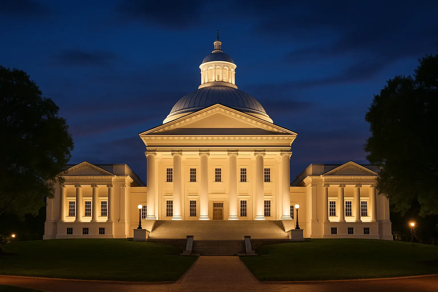 Virginia state capitol building in Richmond at dusk, the white dome lit against a deep blue sky, trees flanking the neoclassical facade.