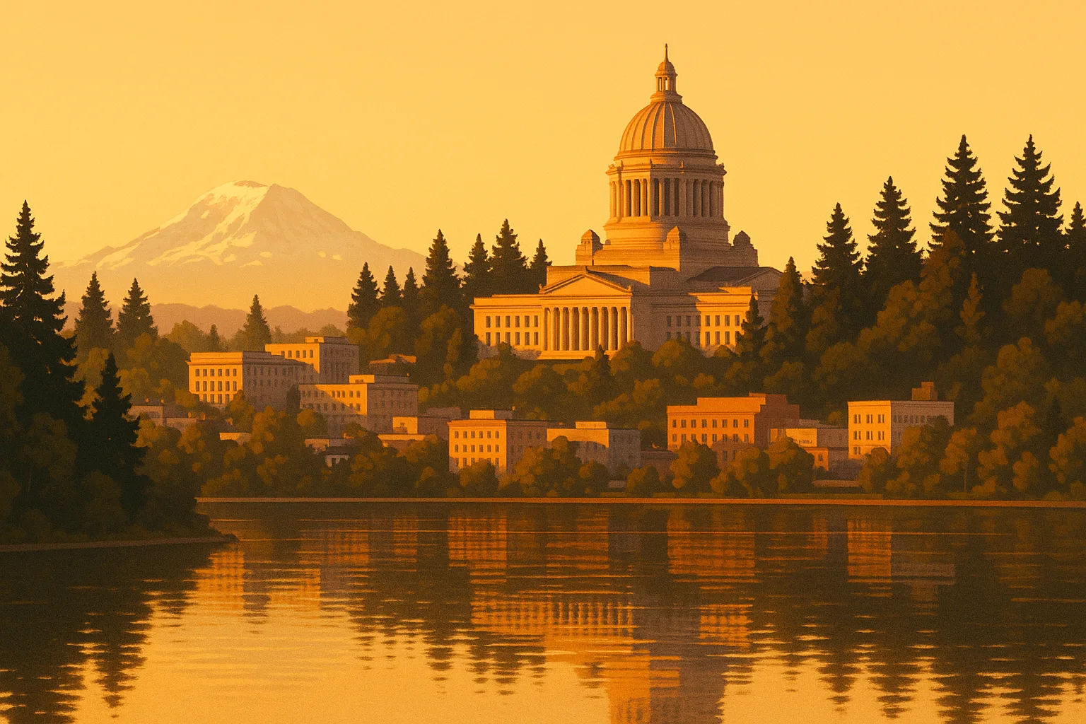 A warm, wide illustration of the Olympia skyline at golden hour seen across Capitol Lake, the domed Washington State Capitol rising above evergreen Douglas firs, snow-capped Mount Rainier faint on the horizon under a clear amber sky.