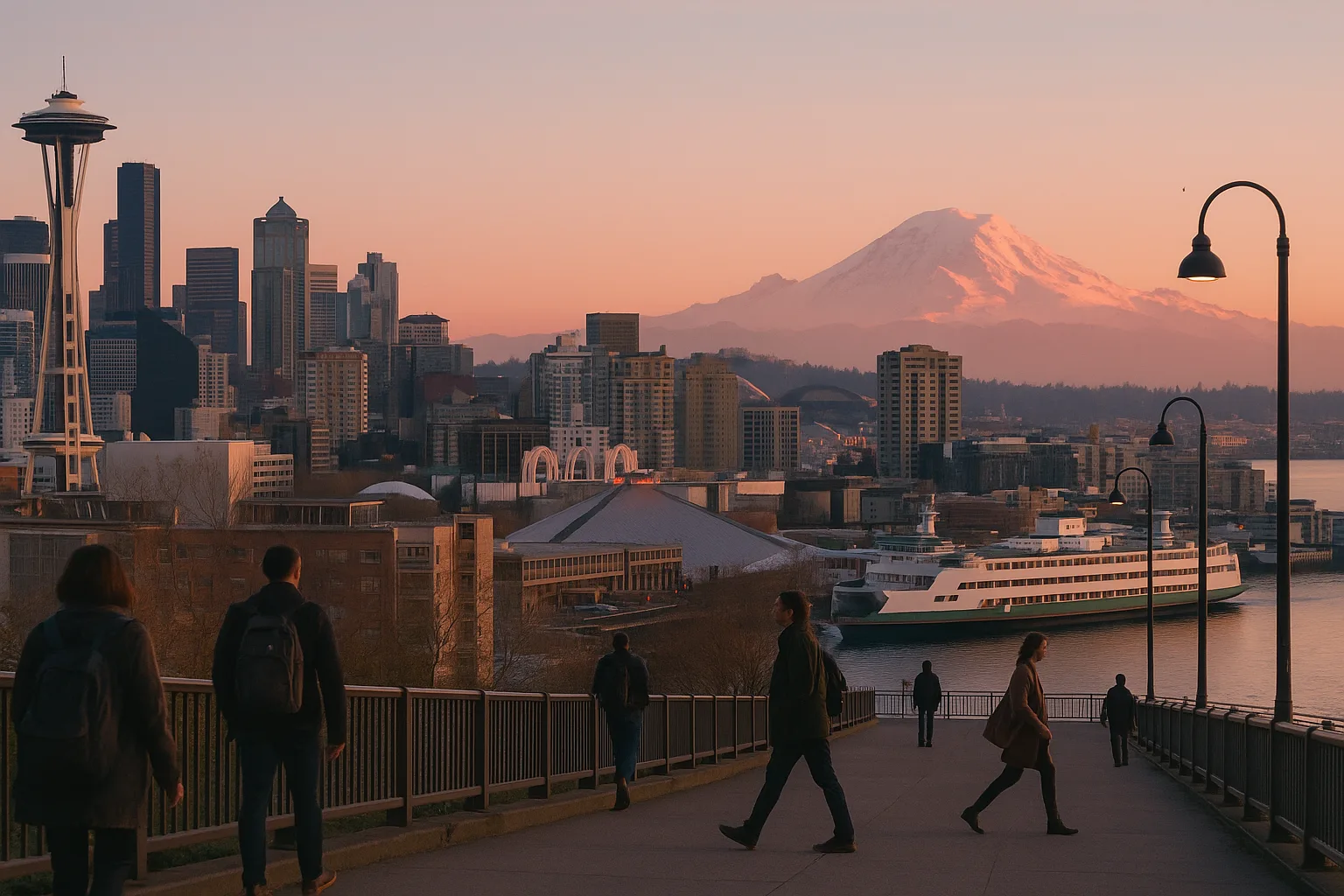 Mount Rainier glowing at dawn behind the Seattle skyline, a ferry crossing Elliott Bay and commuters walking the waterfront promenade in soft morning light.