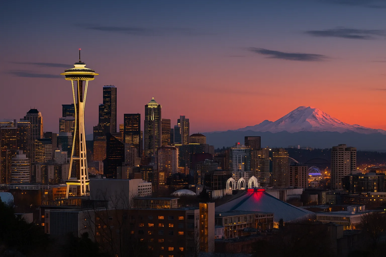 The Seattle, Washington skyline at dusk: the Space Needle and downtown glass towers above Elliott Bay, with the snow-capped peak of Mount Rainier glowing on the horizon.