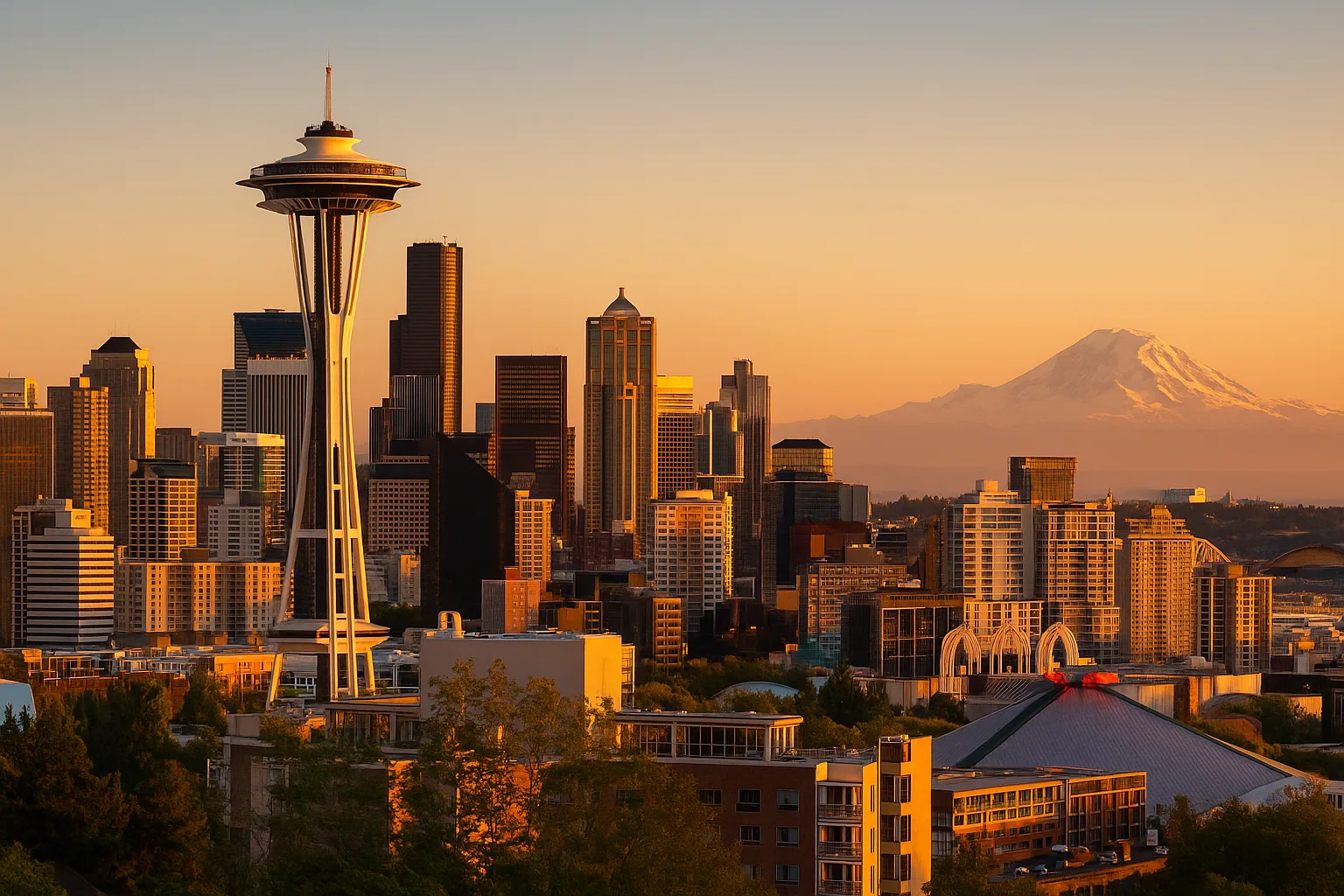 Seattle skyline at golden hour seen from Kerry Park, the Space Needle in the foreground and Mount Rainier on the horizon across Elliott Bay, warm clear sky.