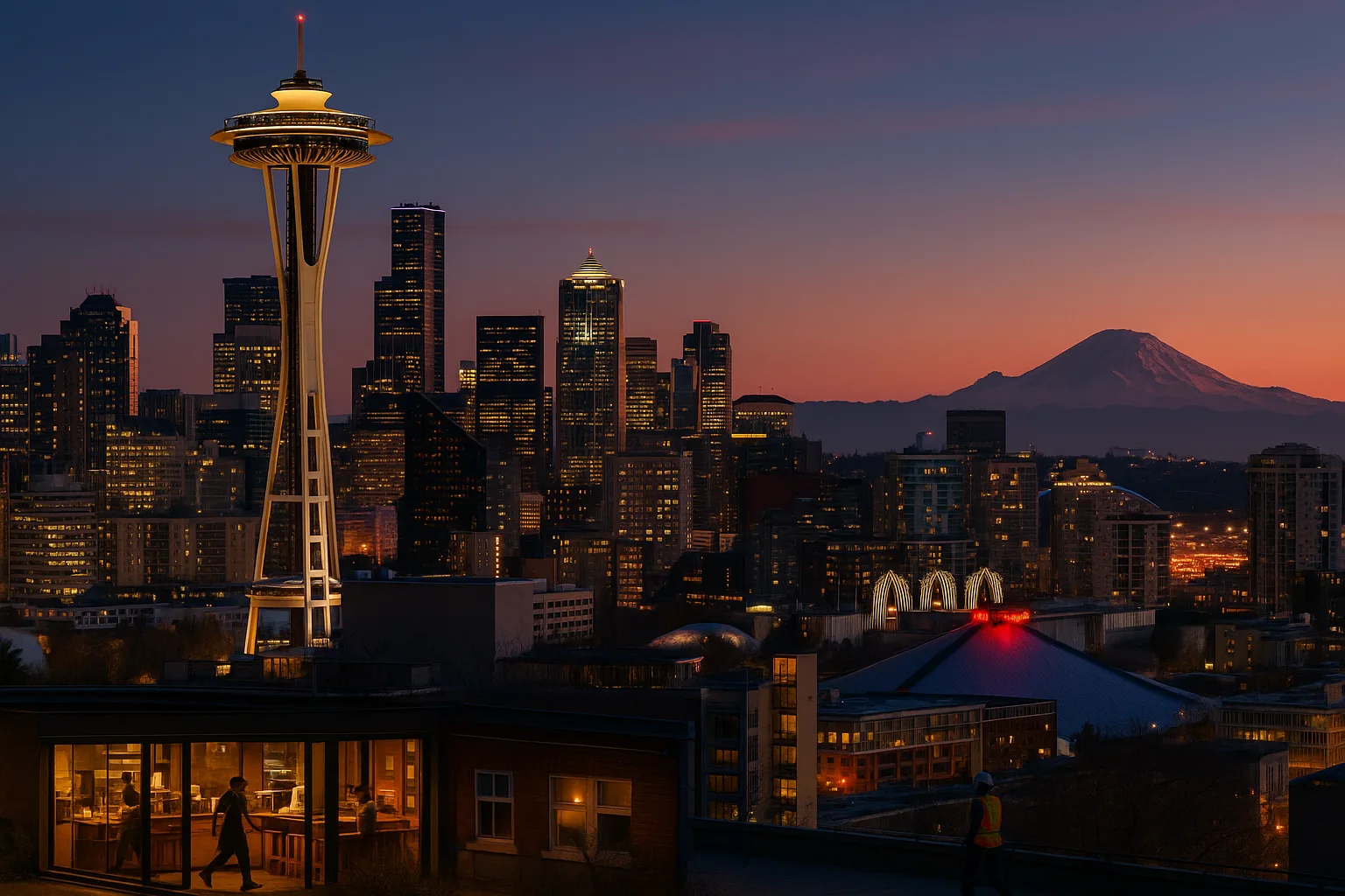Seattle, Washington at dusk: the Space Needle and downtown glass towers above Elliott Bay, baristas and dock workers finishing shifts on the waterfront with Mount Rainier glowing on the horizon.