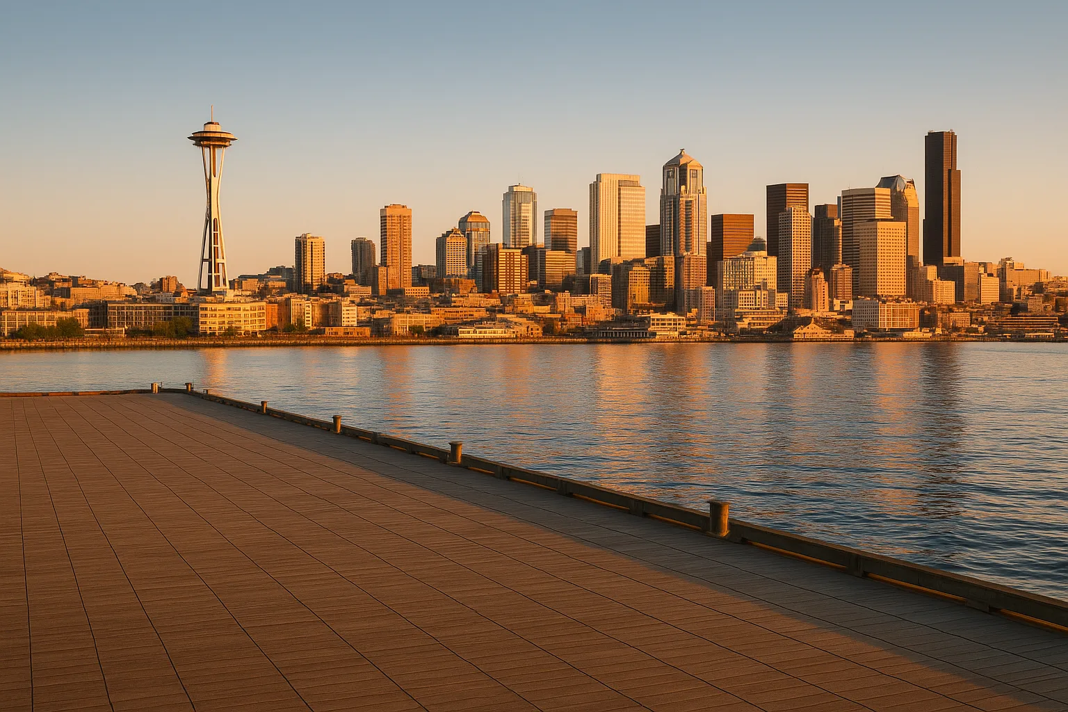Seattle waterfront at golden hour, the Space Needle visible against a clear sky, Elliott Bay reflecting warm light, a wide empty pier in the foreground.