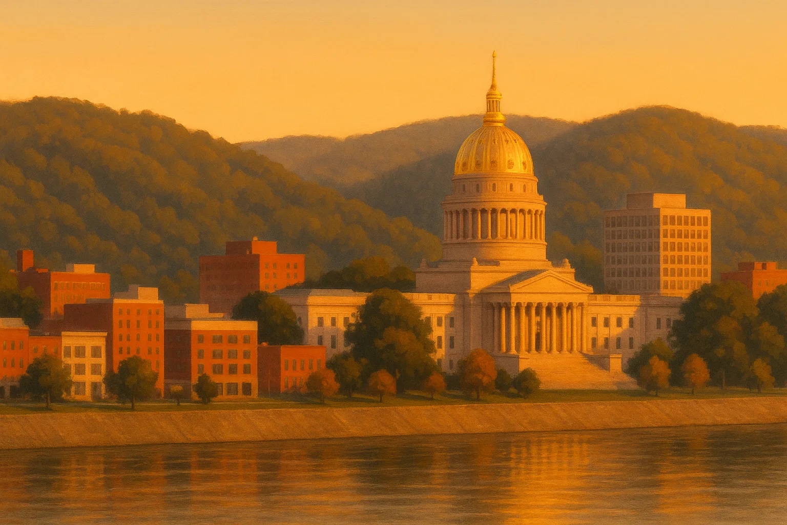 A warm, wide illustration of the Charleston, West Virginia skyline at golden hour along the Kanawha River, the gold-domed West Virginia State Capitol catching the late light among low riverfront buildings, wooded Appalachian hills rising behind under a clear amber sky.