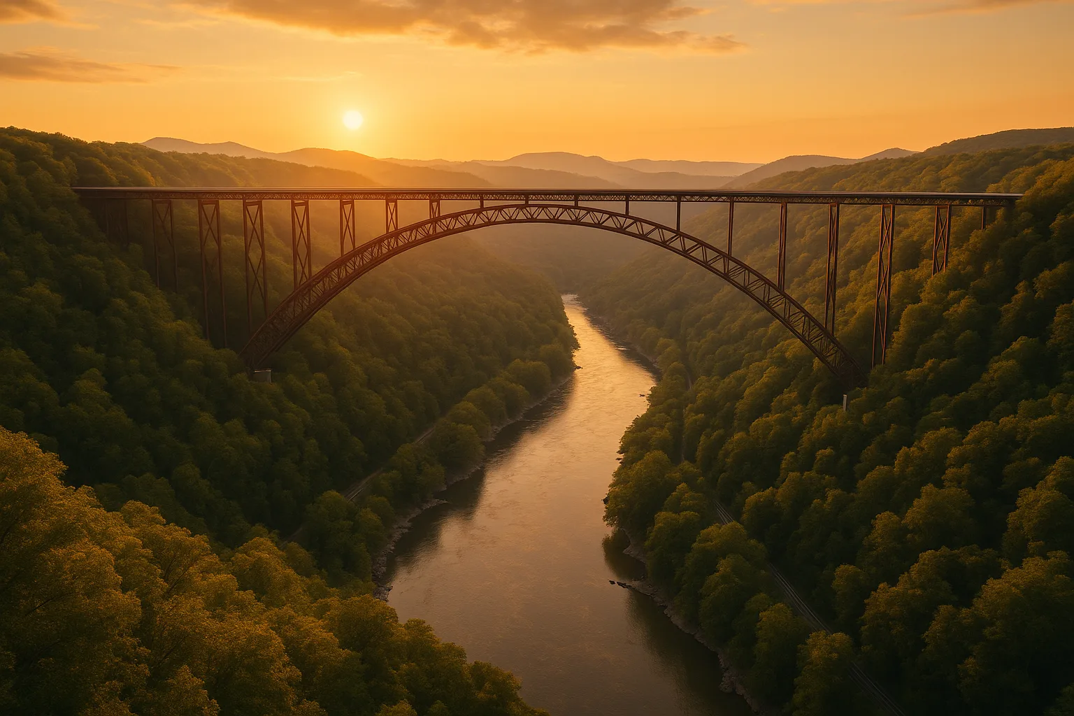 The New River Gorge Bridge arching over a forested West Virginia canyon at golden hour, the river bright far below and ridgelines fading into the distance.