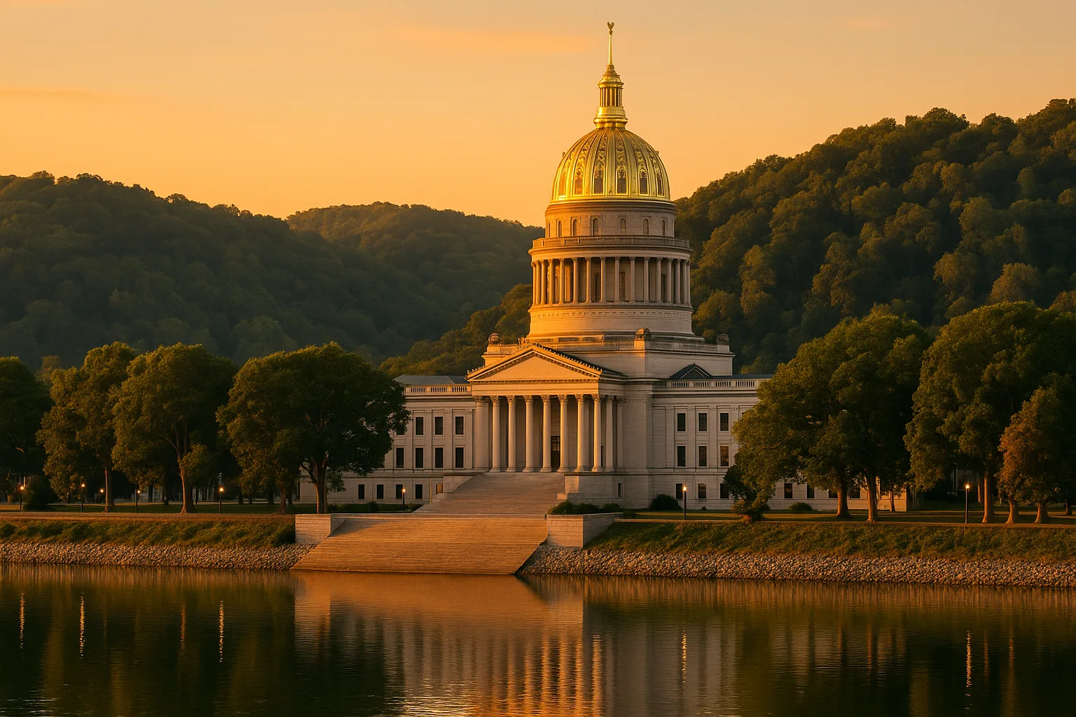 The West Virginia State Capitol in Charleston, its gold dome rising above the Kanawha River at golden hour, with wooded hills behind.
