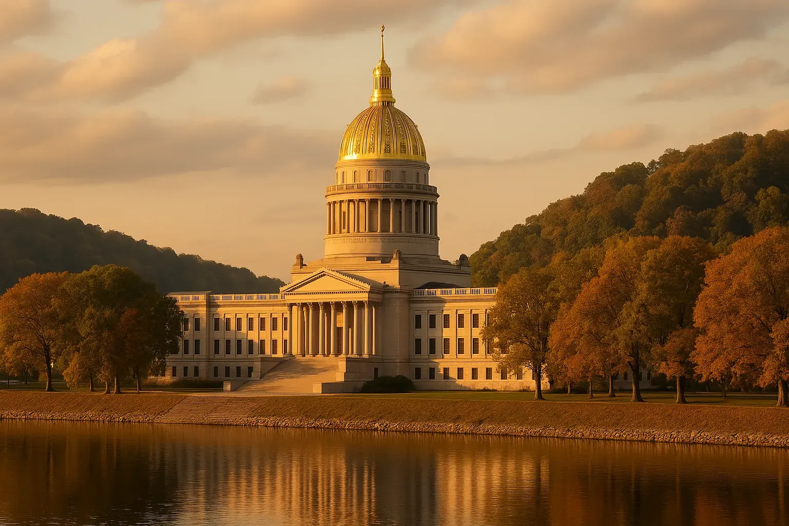 The West Virginia State Capitol in Charleston at golden hour, its gilded dome rising above the Kanawha River, mature trees along the riverbank in warm afternoon light.