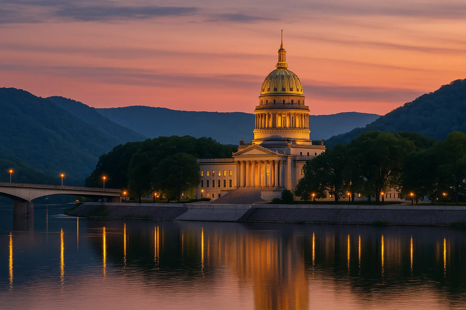 Charleston, West Virginia state capitol with its gold dome above the Kanawha River at dusk, with the wooded New River Gorge ridgeline beyond.