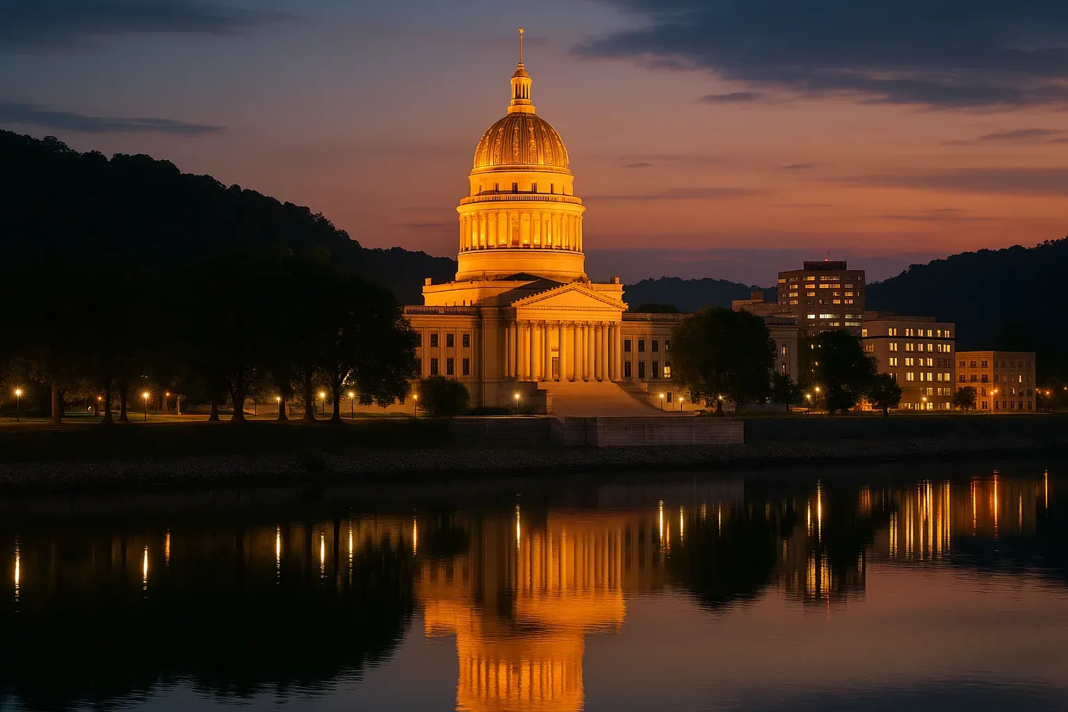 The West Virginia State Capitol building reflected in the Kanawha River at dusk, golden dome catching the last light, Charleston city lights beginning to glow behind it.