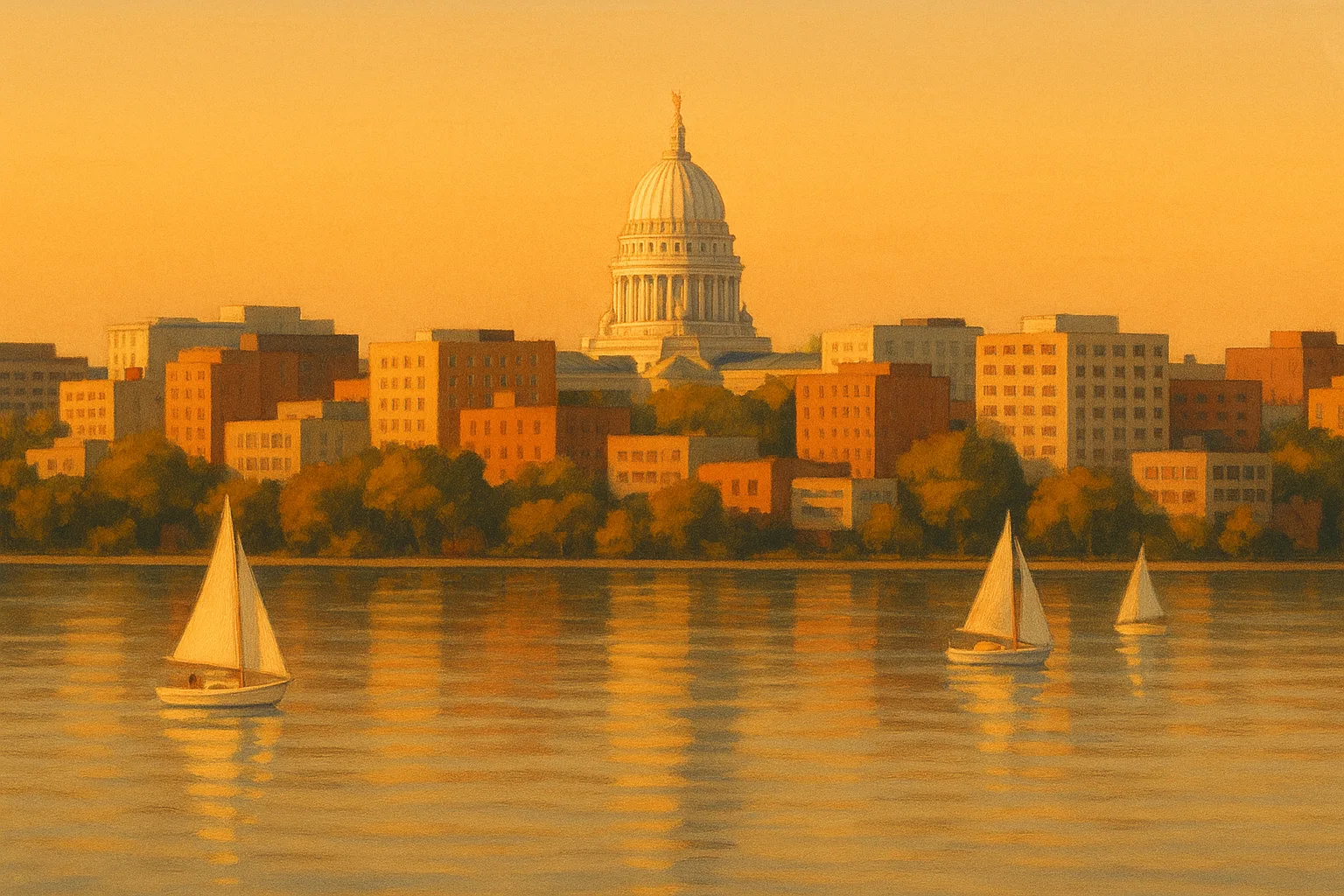 A warm, wide illustration of the Madison skyline at golden hour seen across Lake Monona, the Wisconsin State Capitol dome rising white above the treeline among low downtown buildings, sailboats on the calm water under a clear amber sky.