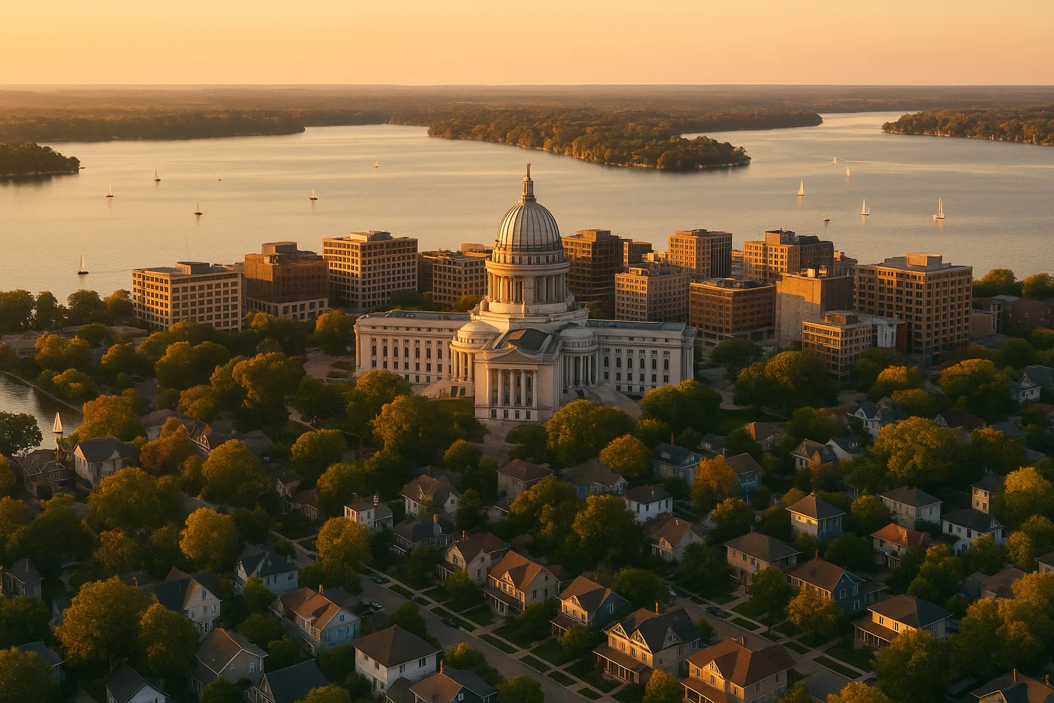 Madison, Wisconsin at golden hour, the white-domed State Capitol rising over the isthmus between two calm lakes, sailboats on the water and tree-lined neighbourhoods spreading toward the shore.