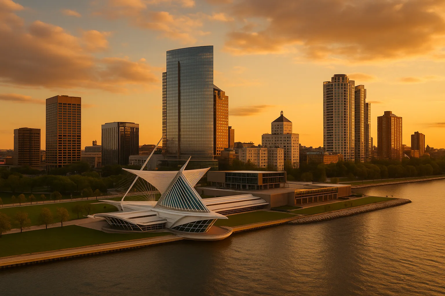 The Milwaukee, Wisconsin lakefront skyline at golden hour: the white wings of the Milwaukee Art Museum beside downtown office towers, with Lake Michigan stretching out under a warm evening sky.