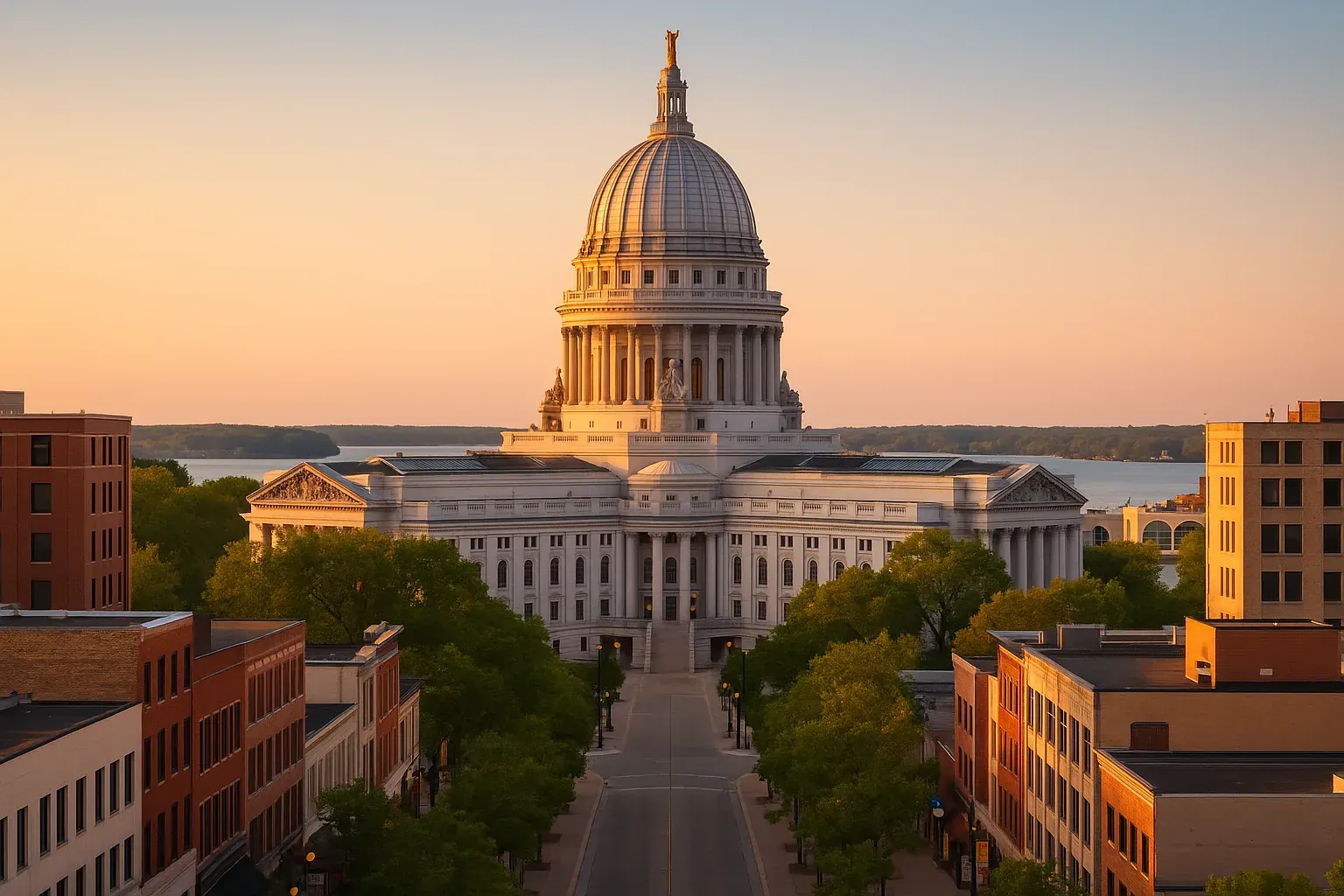 The Wisconsin State Capitol building in Madison at golden hour, its white dome rising above tree-lined State Street, a clear sky and the Monona Terrace convention centre visible across the isthmus.