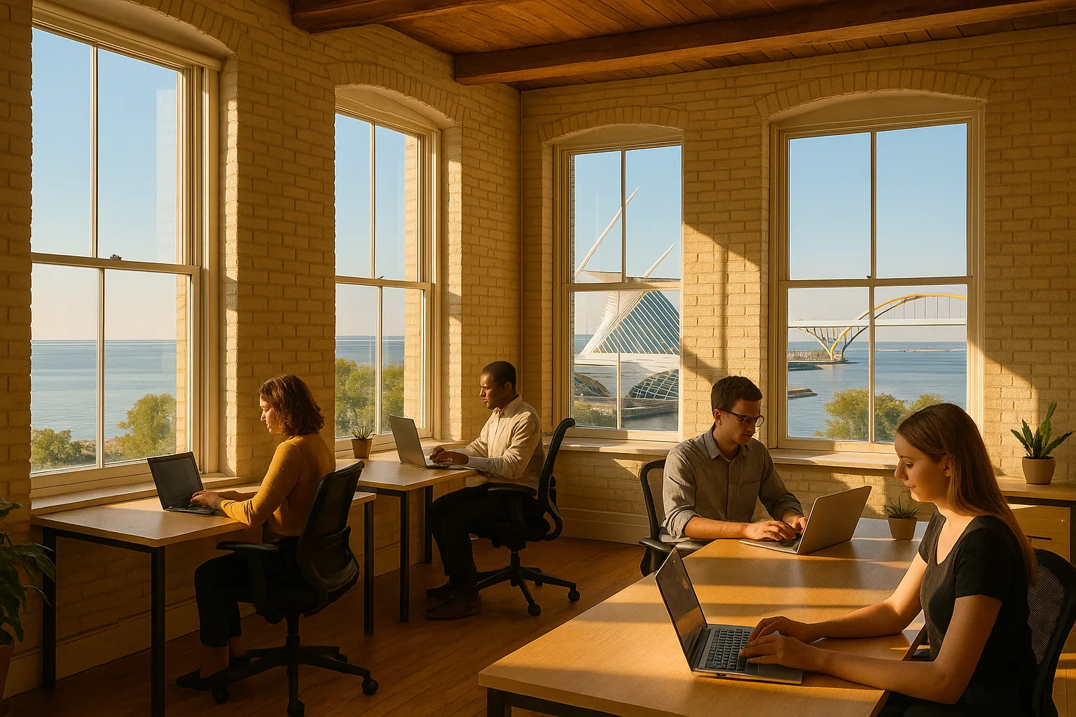 A sunlit Milwaukee office on the Lake Michigan waterfront, staff at desks with laptops, exposed cream-brick walls and tall windows framing the white wings of the Milwaukee Art Museum and the Hoan Bridge in the morning light.