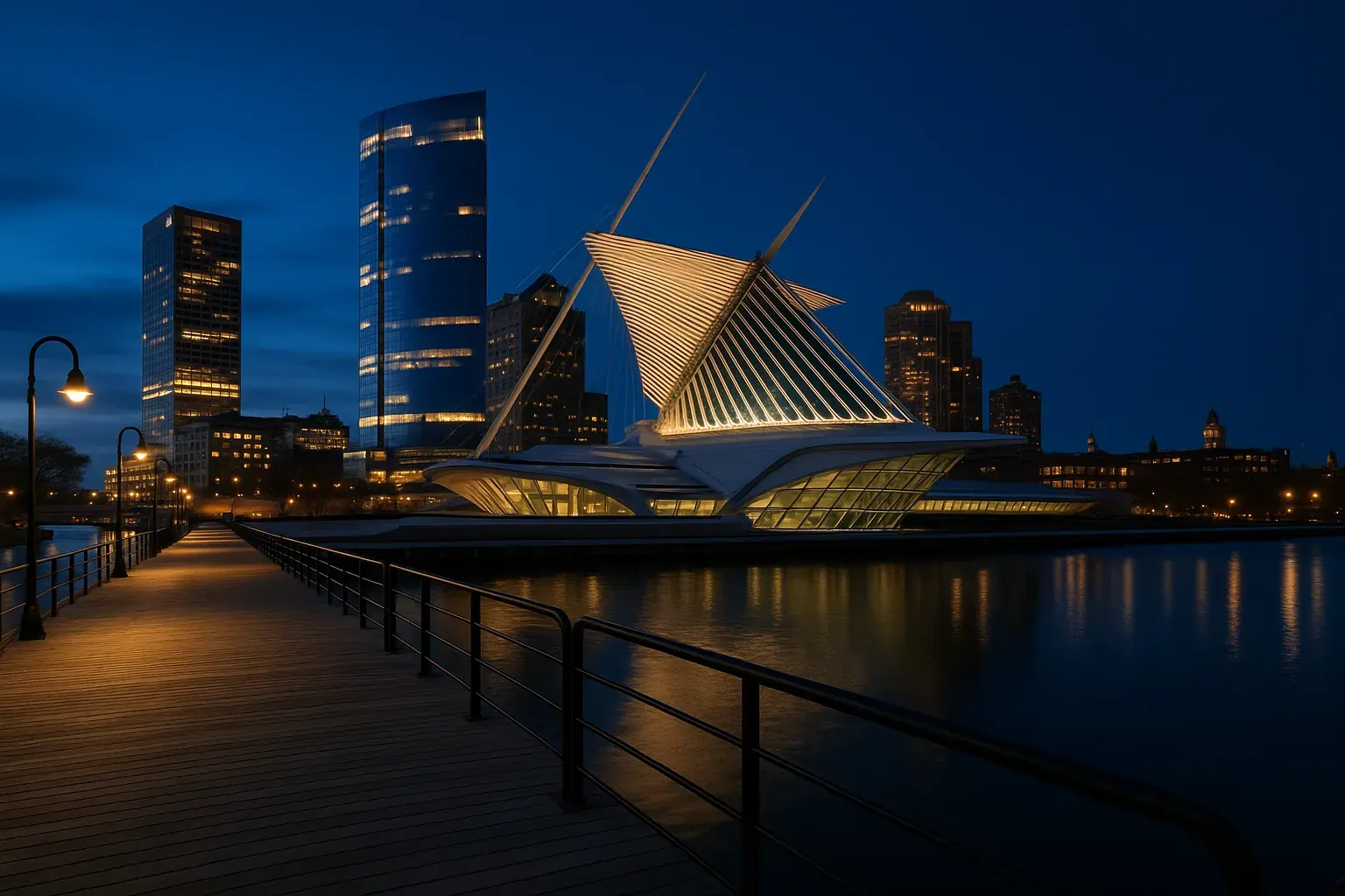 Downtown Milwaukee waterfront at dusk, the Milwaukee Art Museum's white winglike structure visible against a deep-blue sky, the Riverwalk boardwalk empty in the foreground.