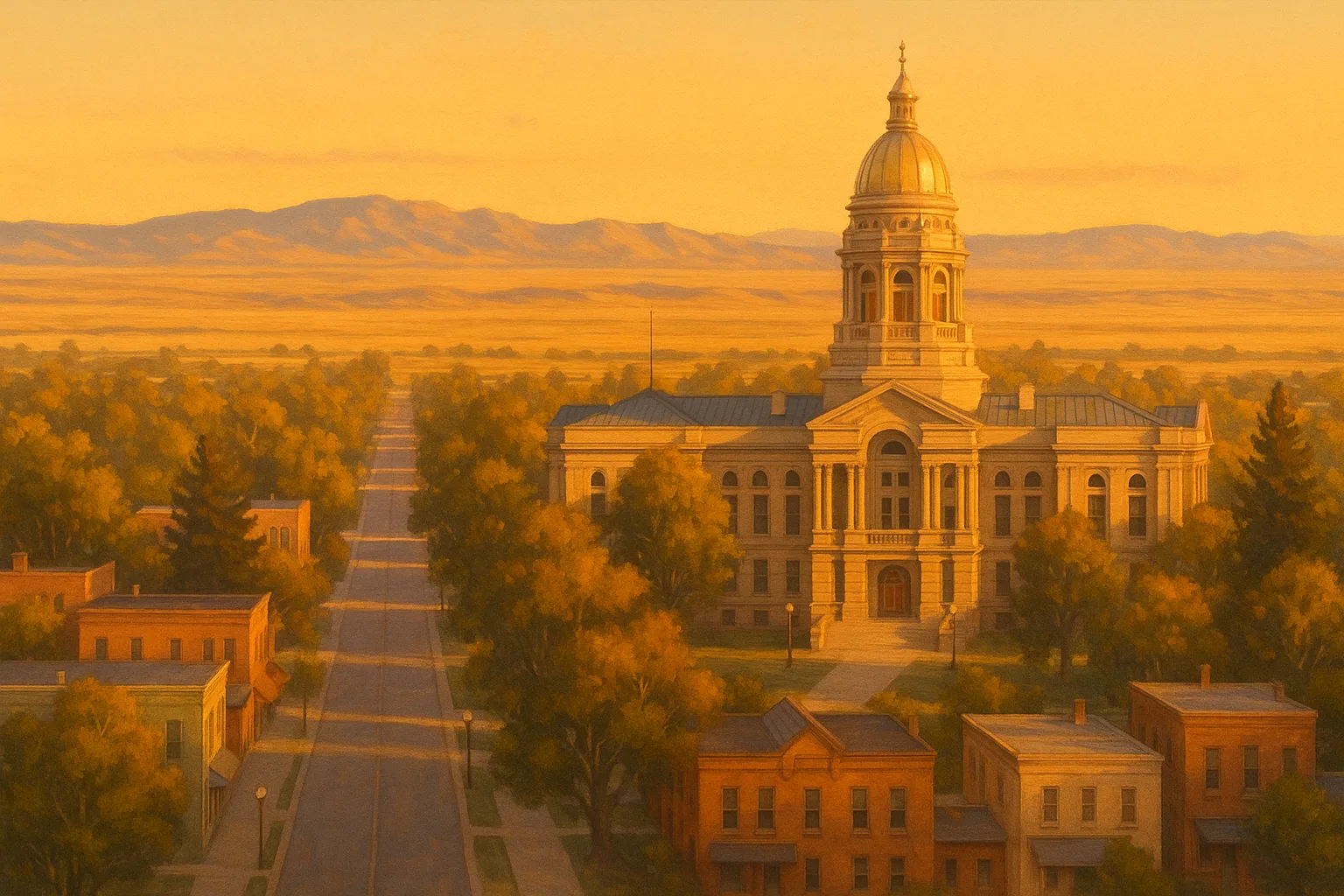 A warm, wide illustration of Cheyenne at golden hour, the Wyoming State Capitol gold dome rising above tree-lined streets, the wide high plains and distant Laramie Range under a clear amber sky.