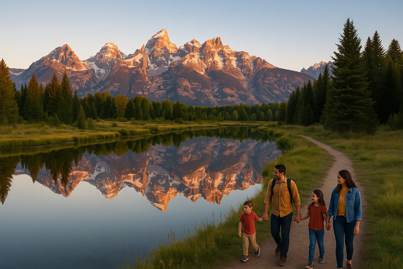 The Grand Teton range at sunrise above Jackson Hole, families on a meadow trail beside a glassy beaver pond, jagged snow-capped peaks mirrored in still water under a clear sky.