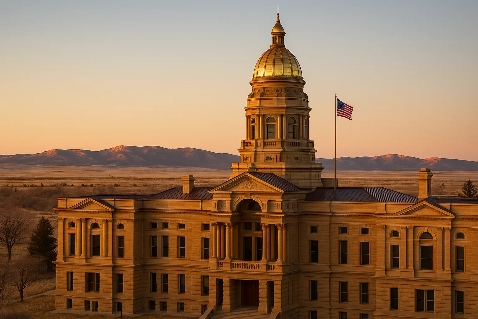 The Wyoming State Capitol in Cheyenne at golden hour: its gold dome and sandstone facade above the high plains, with the Laramie Range catching the last light on the western horizon.