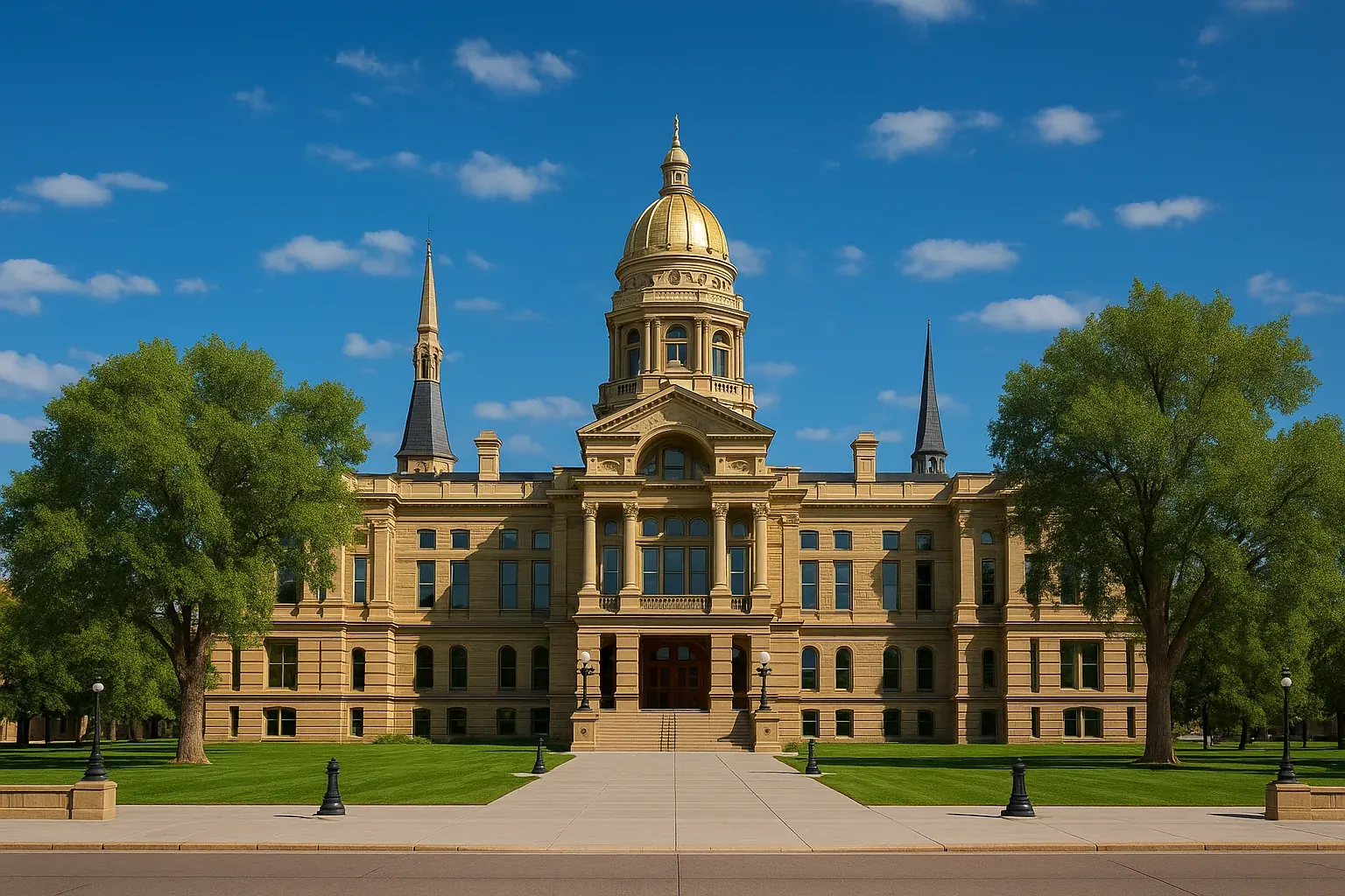 The Wyoming State Capitol in Cheyenne under a wide blue sky, its sandstone dome and gothic spire rising above green lawns and mature cottonwood trees, a quiet state plaza in the foreground.