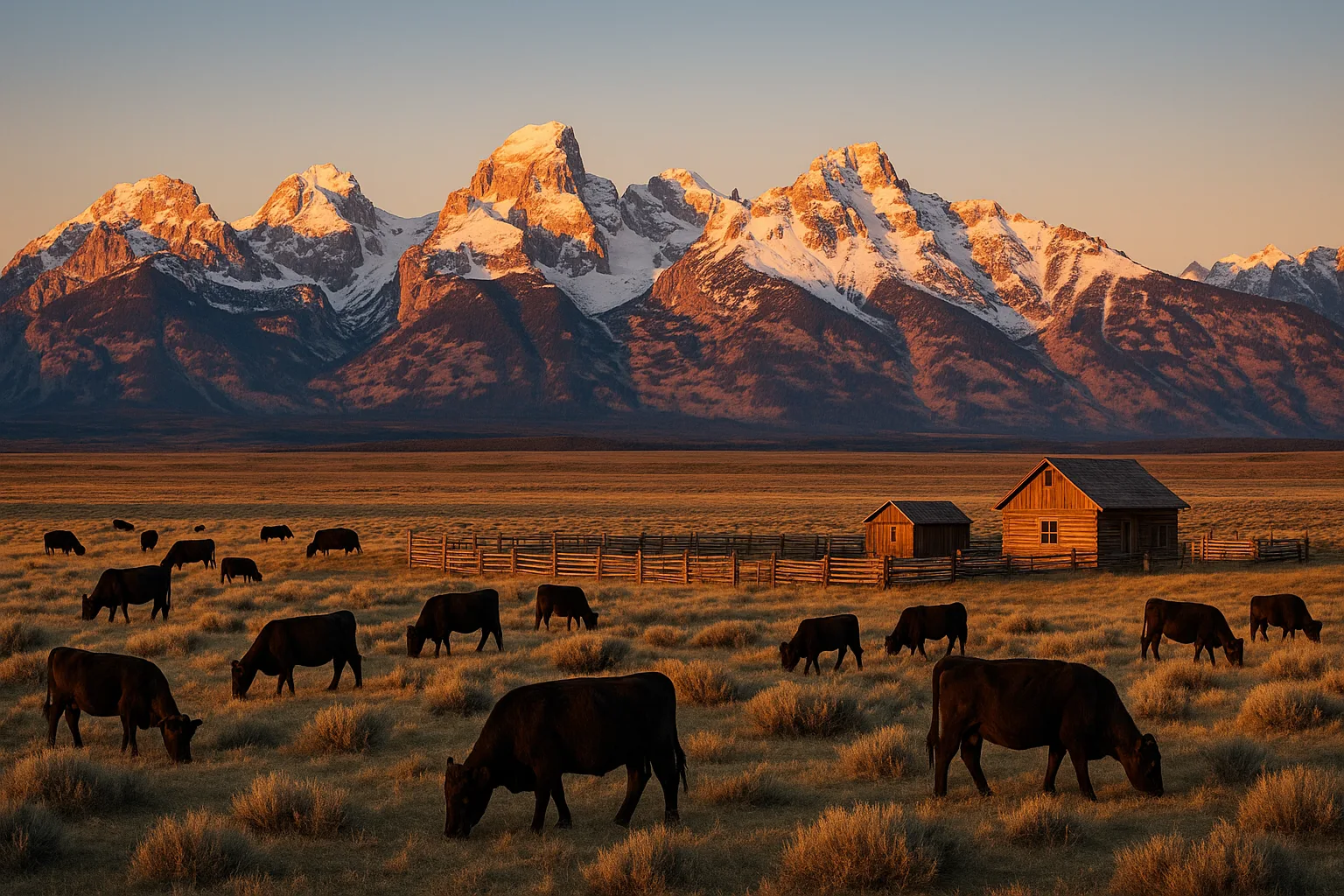 The Wind River Range above a Wyoming high-plains ranch at golden hour, snow-capped peaks catching the last light as cattle graze the sagebrush flats below.