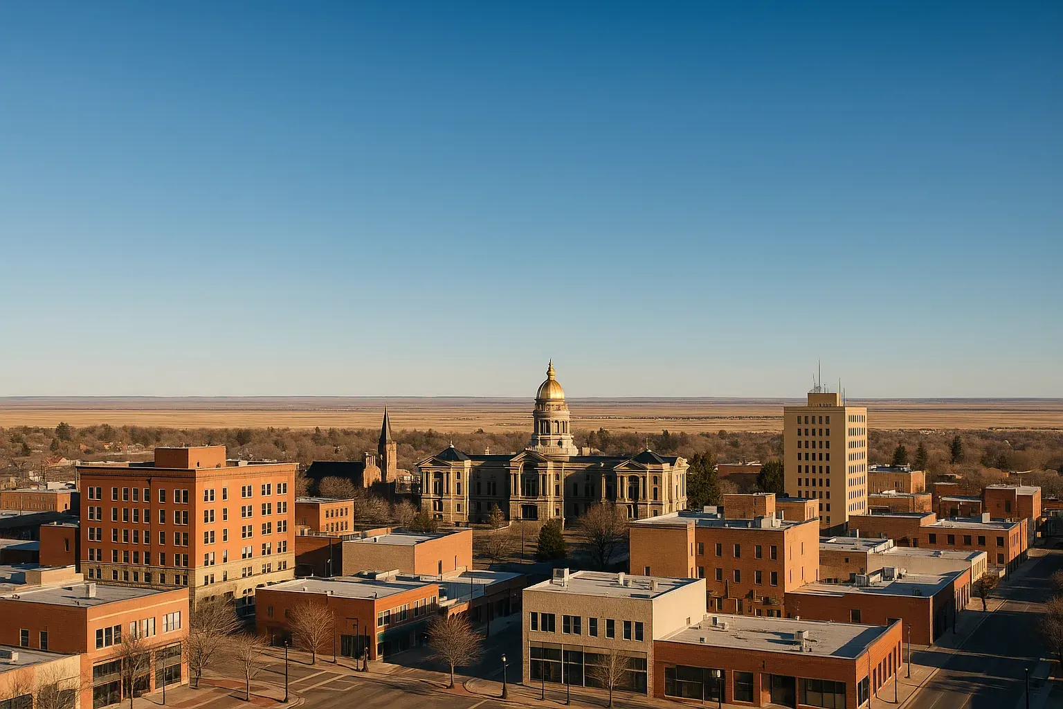 Cheyenne, Wyoming downtown skyline on a clear morning, low-rise buildings and the State Capitol dome visible beneath an open blue sky with the high plains stretching to the horizon.